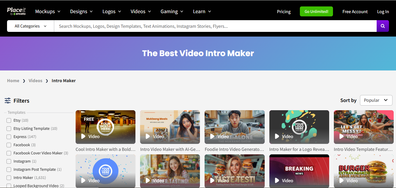 Interface of Placeit  - the well-known AI intro maker