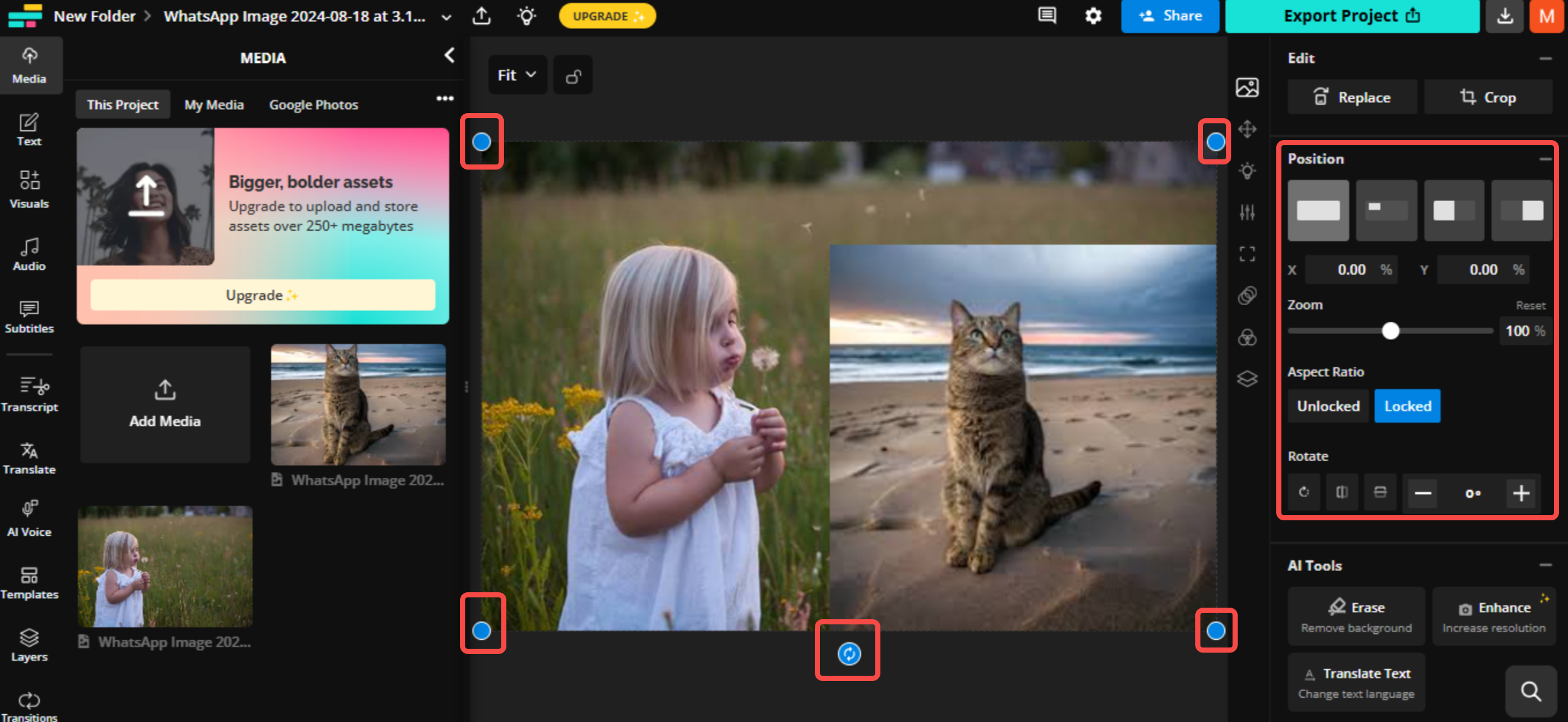 Adding and positioning the overlay image in Kapwing
