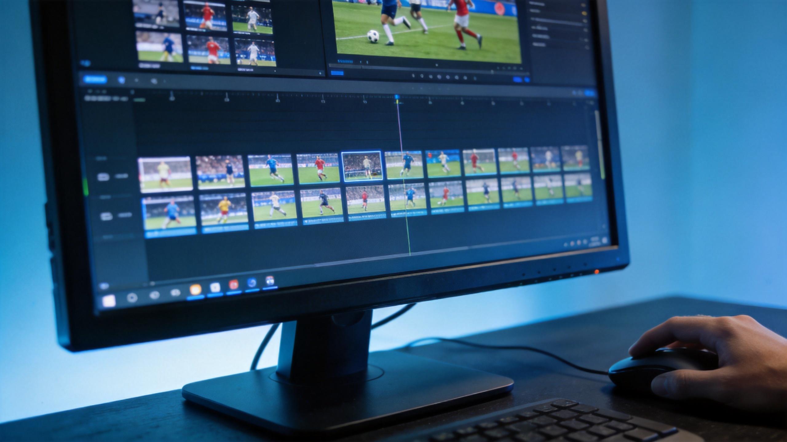 Computer monitor showing football clips in a video editing timeline