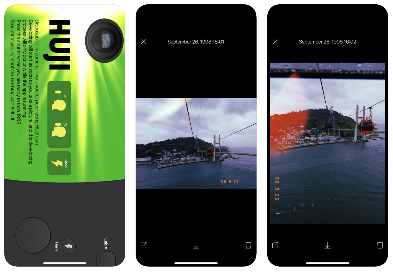 Die Benutzeroberfläche von Huji Cam - einer weit verbreiteten alten Fotofilter-App