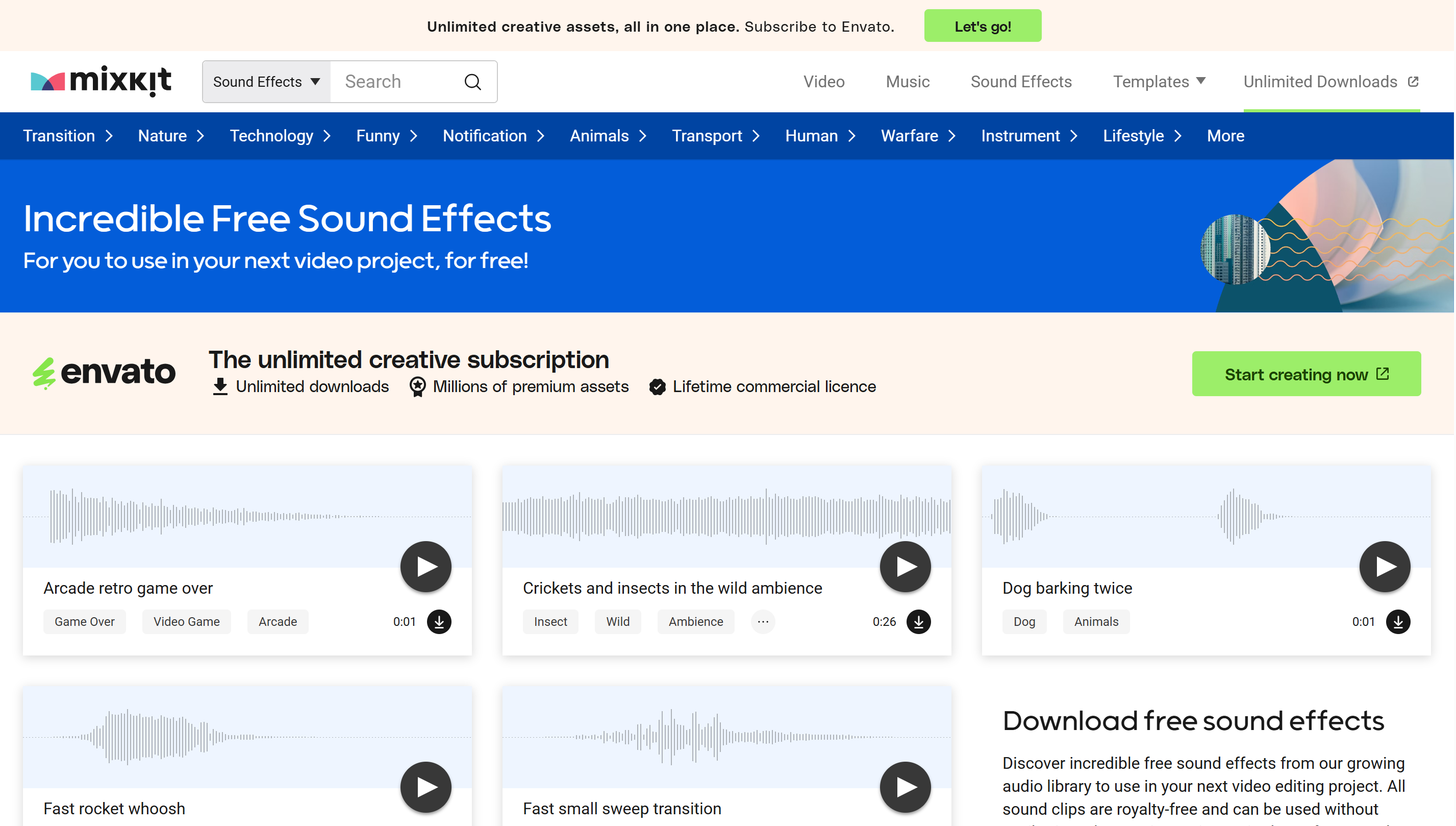 Il sito per scaricare gli effetti sonori: Mixkit