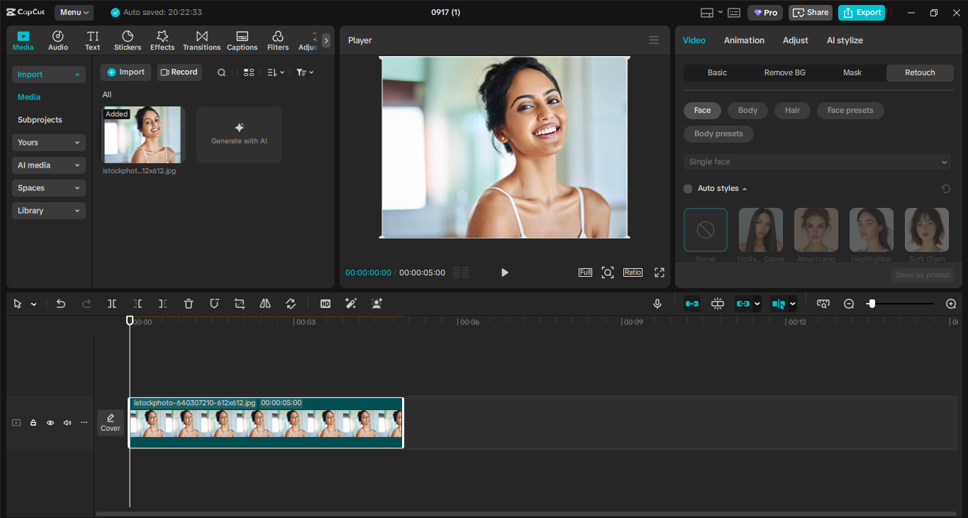 Interface of the CapCut desktop video editor - the best tool to make teeth white in a photo