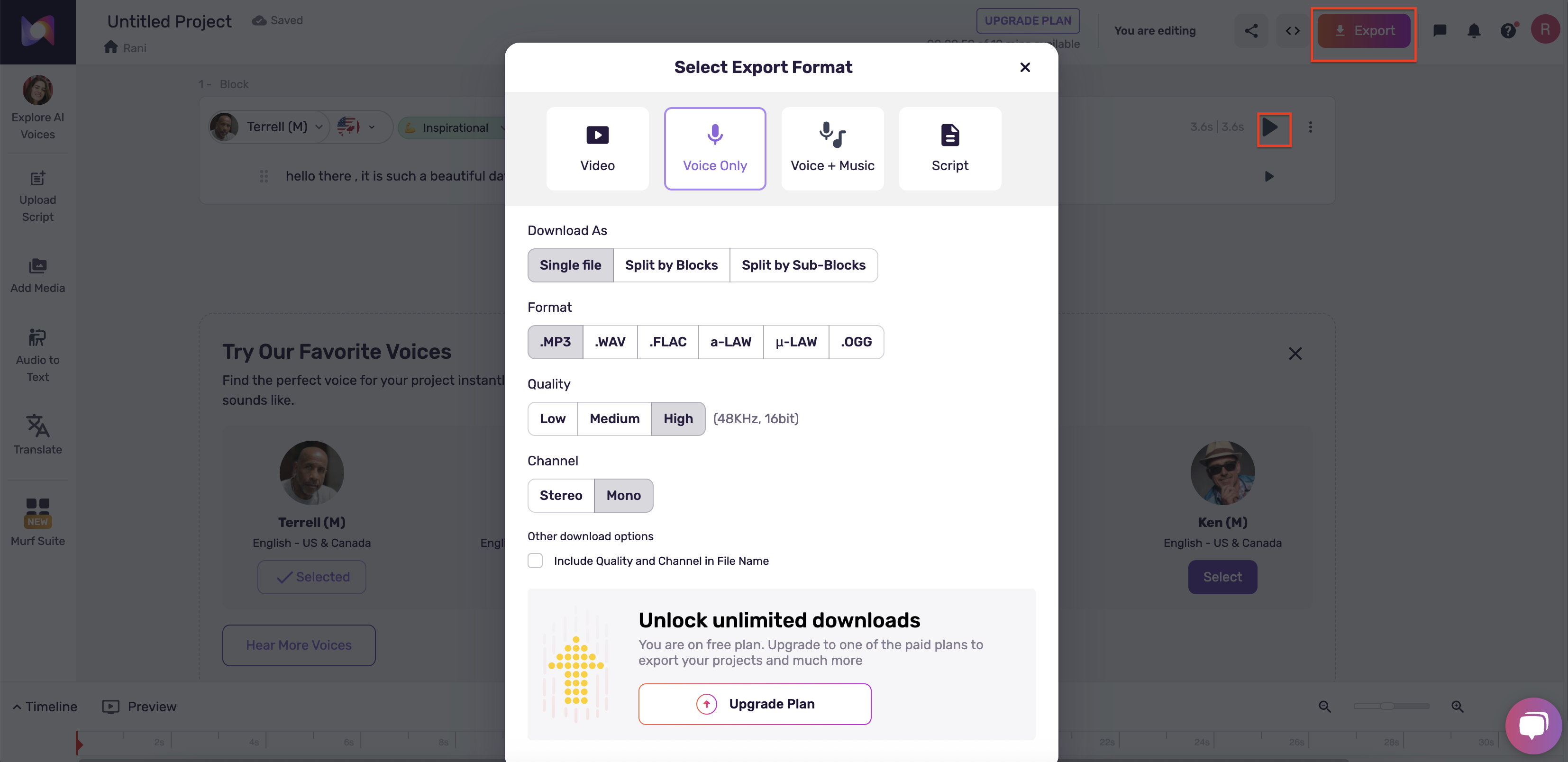 Export audio
