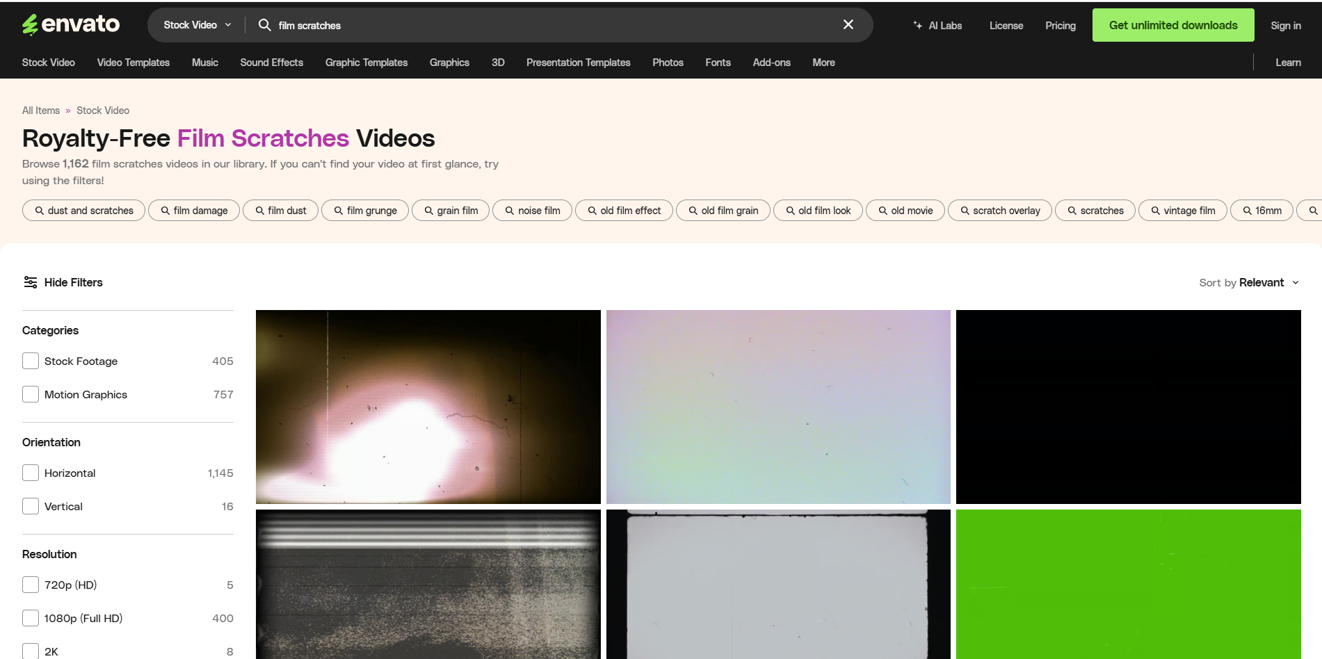 Antarmuka Elemen Envato - cara lain untuk mendapatkan overlay goresan film gratis