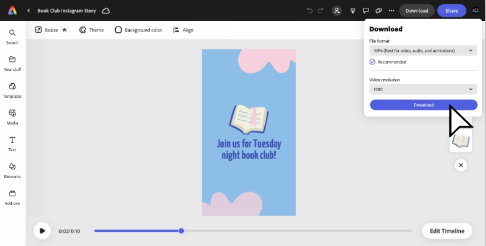 Menyesuaikan media di editor video Adobe Express