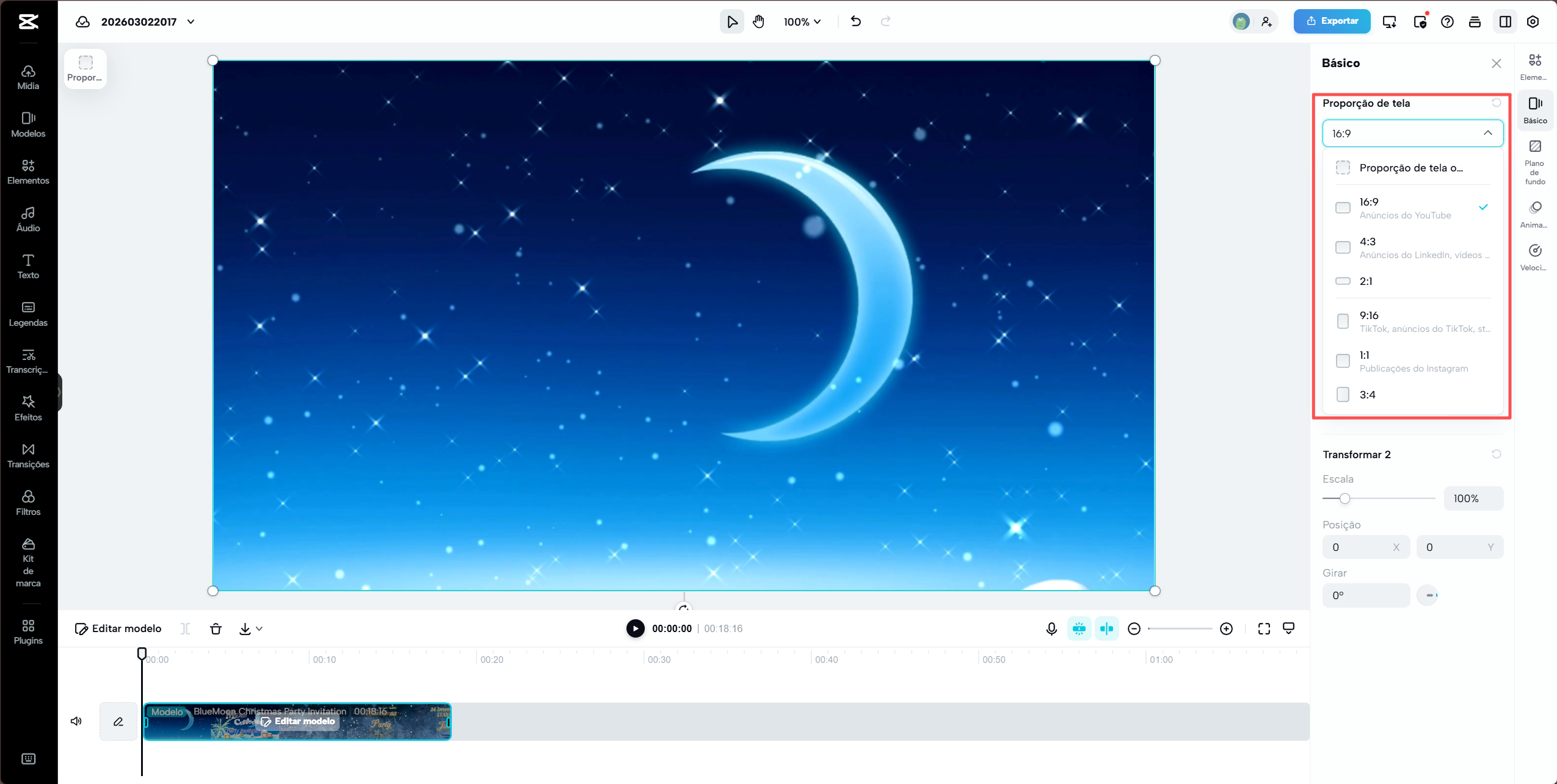 Menu de proporção de vídeo no CapCut