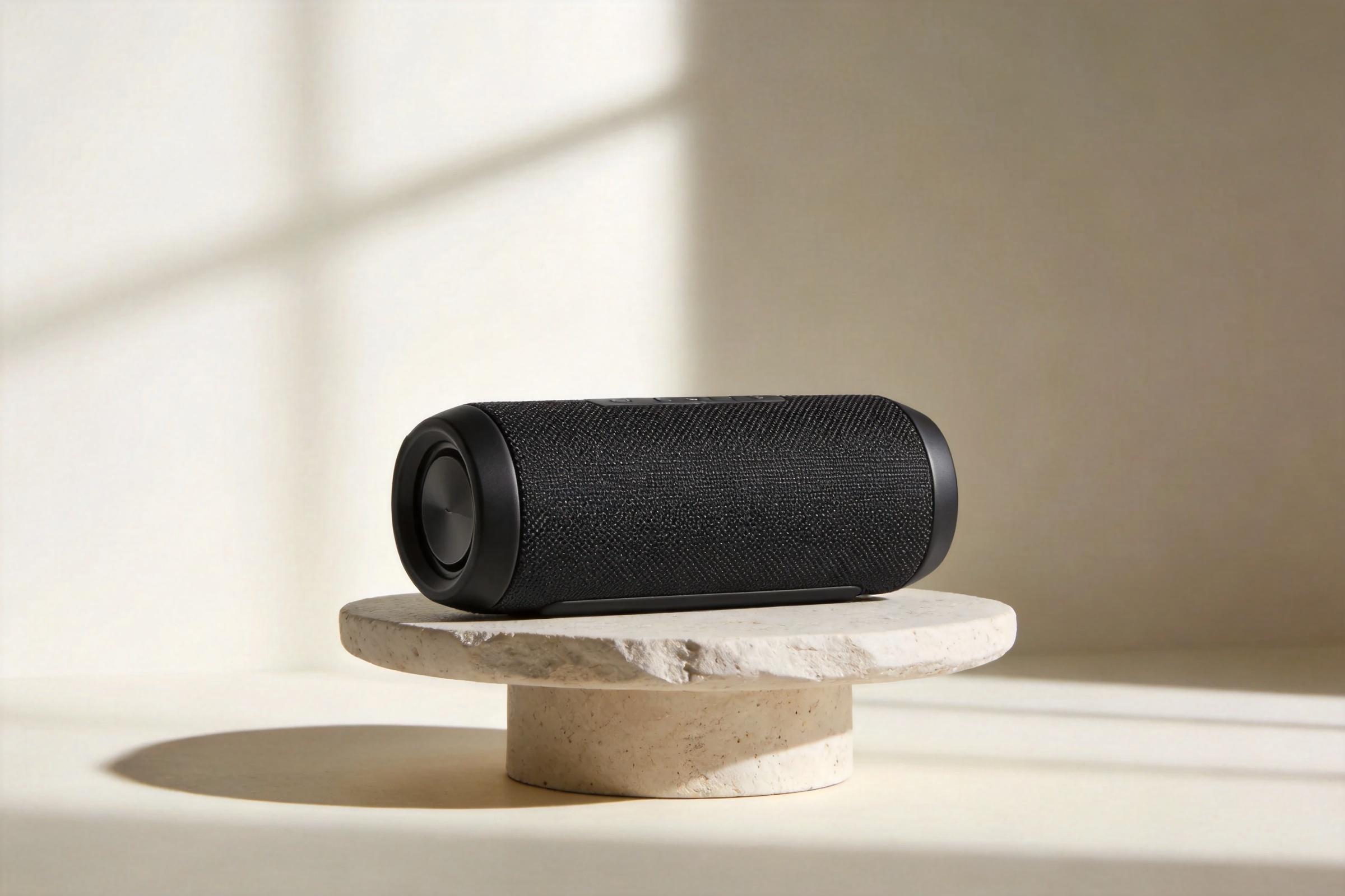 Black cylindrical Bluetooth speaker on a stone pedestal in soft sunlight
