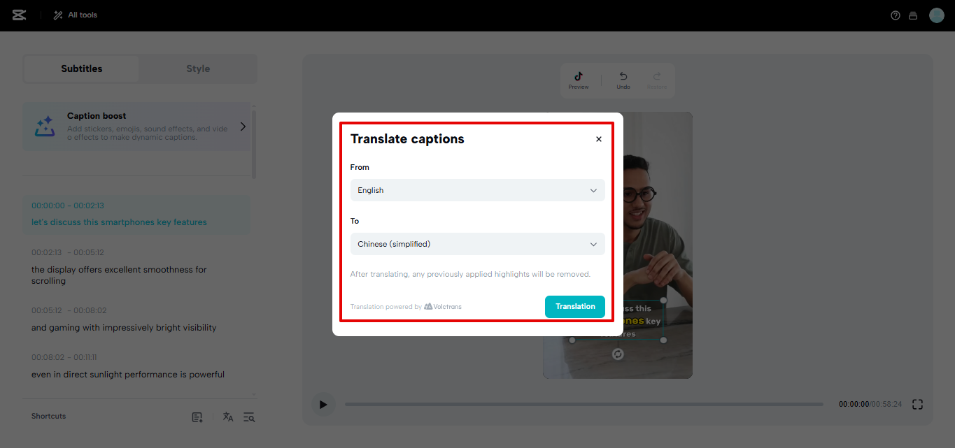 Traduzione dei sottotitoli di CapCut Web