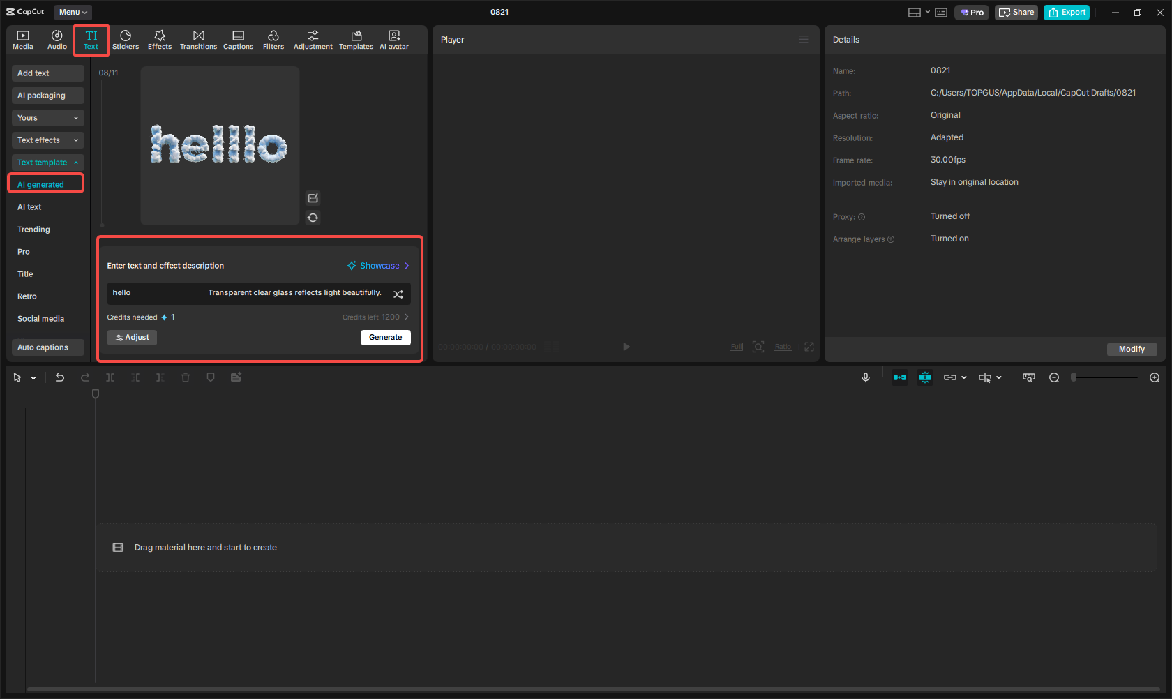 Accessing CapCut's AI text generation feature