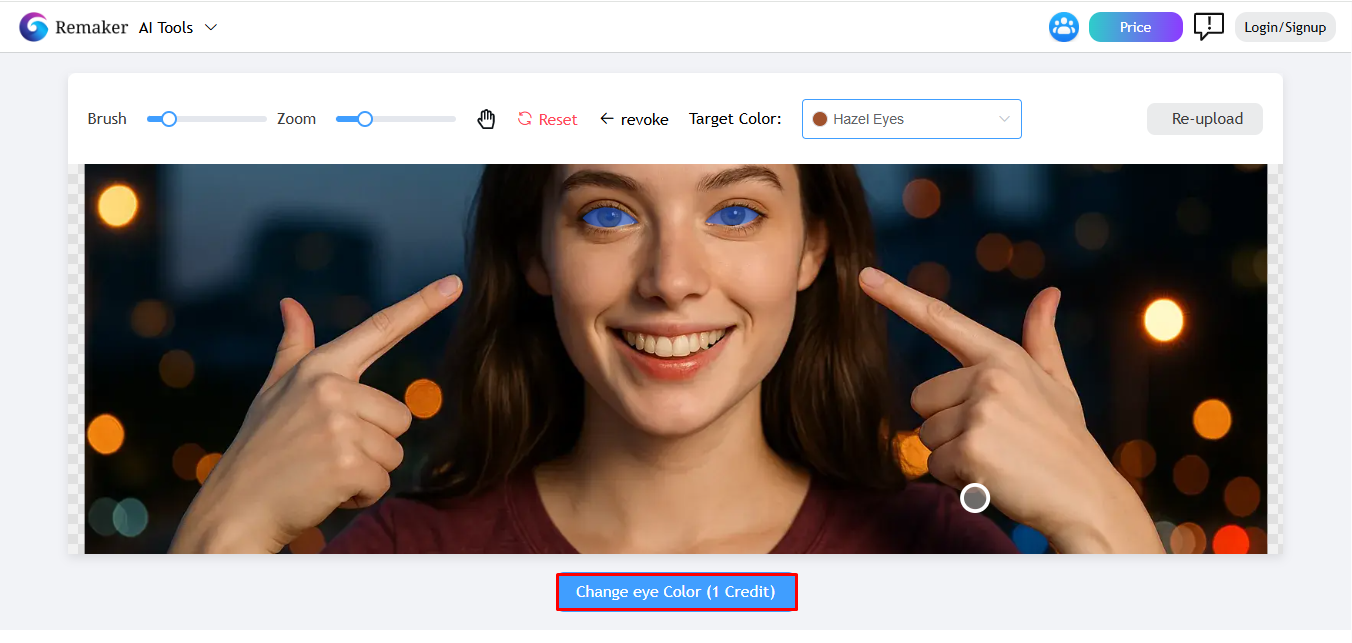 Antarmuka Remaker AI - editor warna mata online yang andal