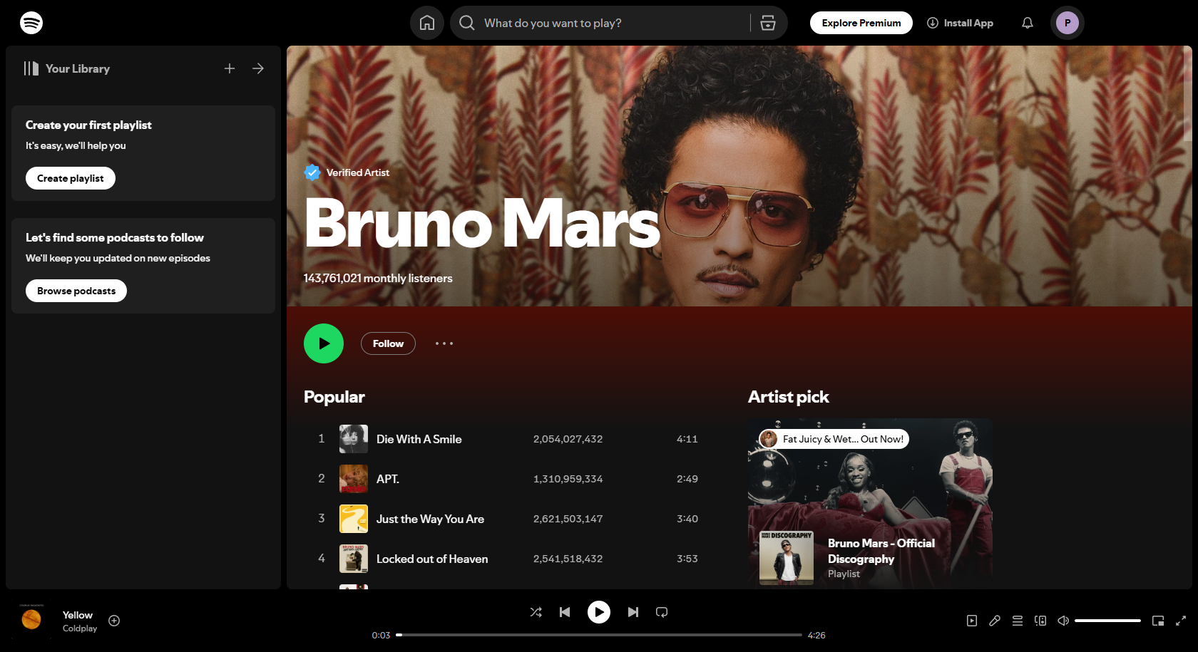 Interface Spotify de Bruno Mars