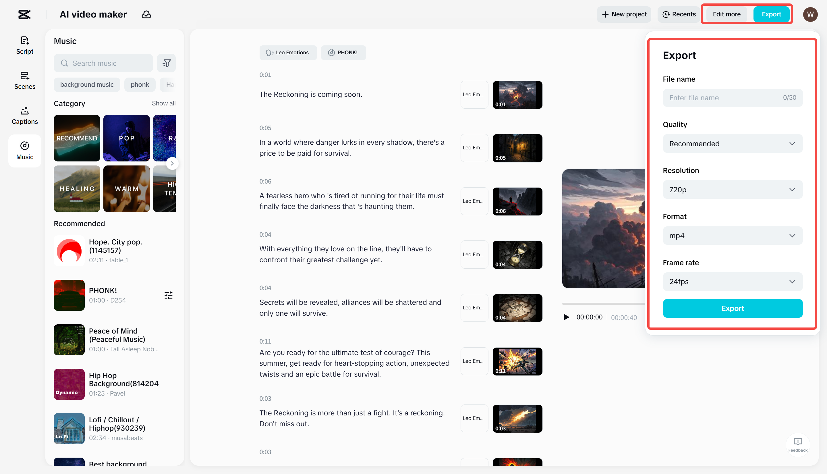 Ini-export ang huling video mula sa AI video maker ng CapCut
