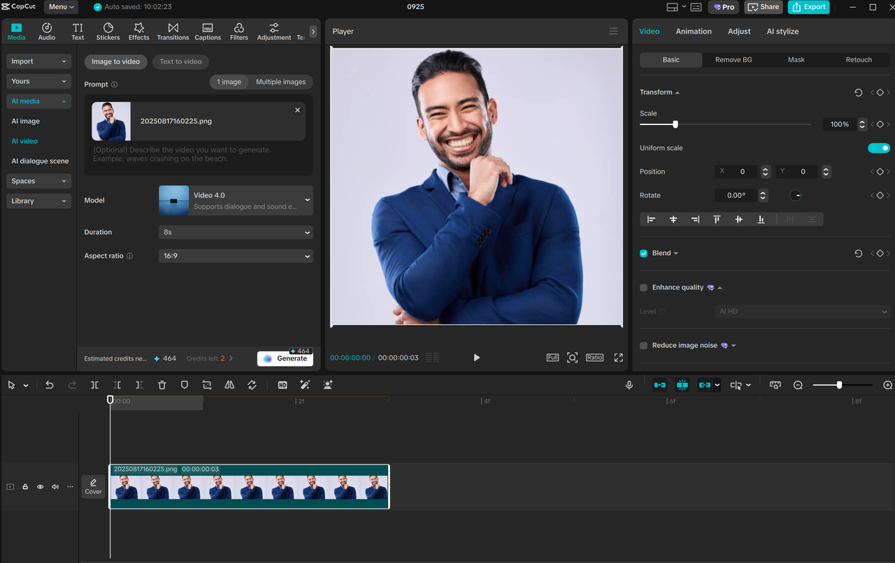 Interface of the CapCut desktop video editor - the best tool to make AI videos