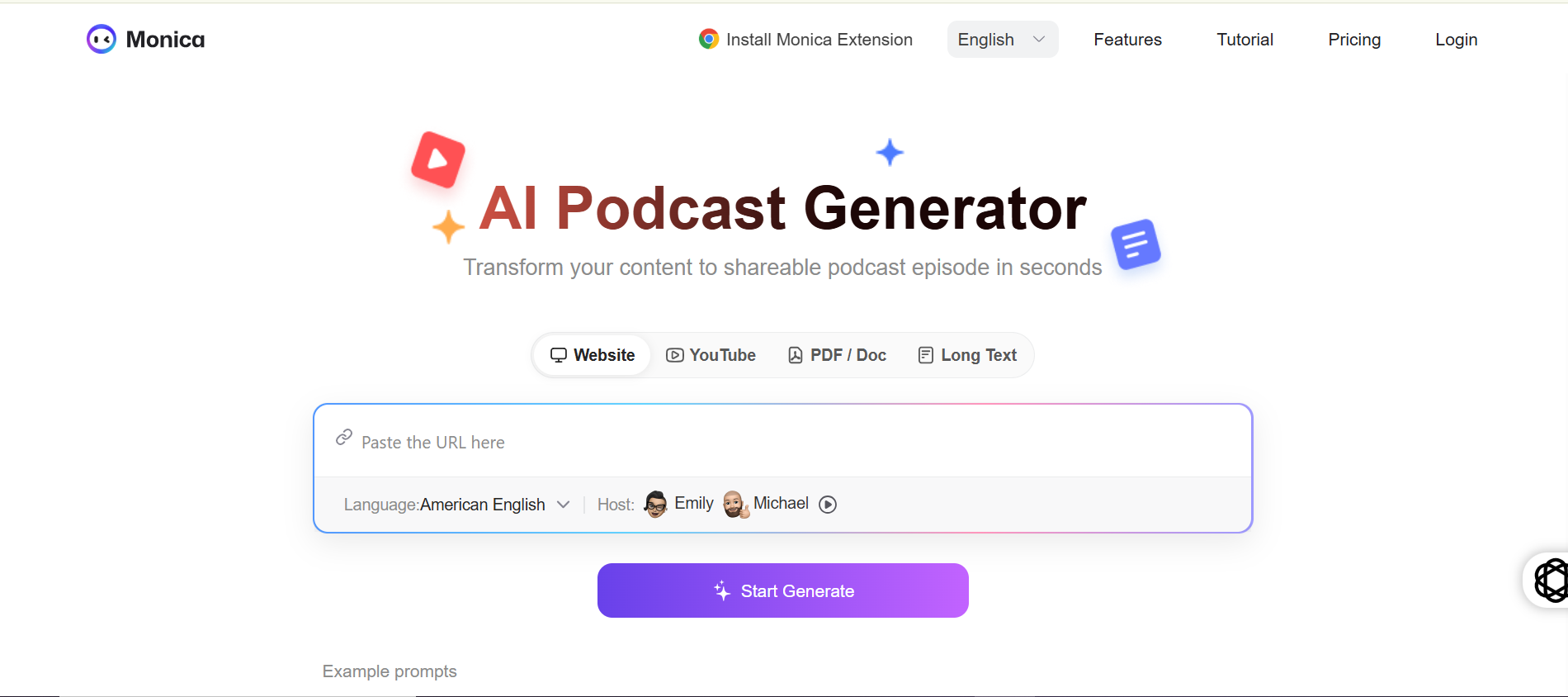 The interface of Monica - one of the best tools to create a podcast AI voice