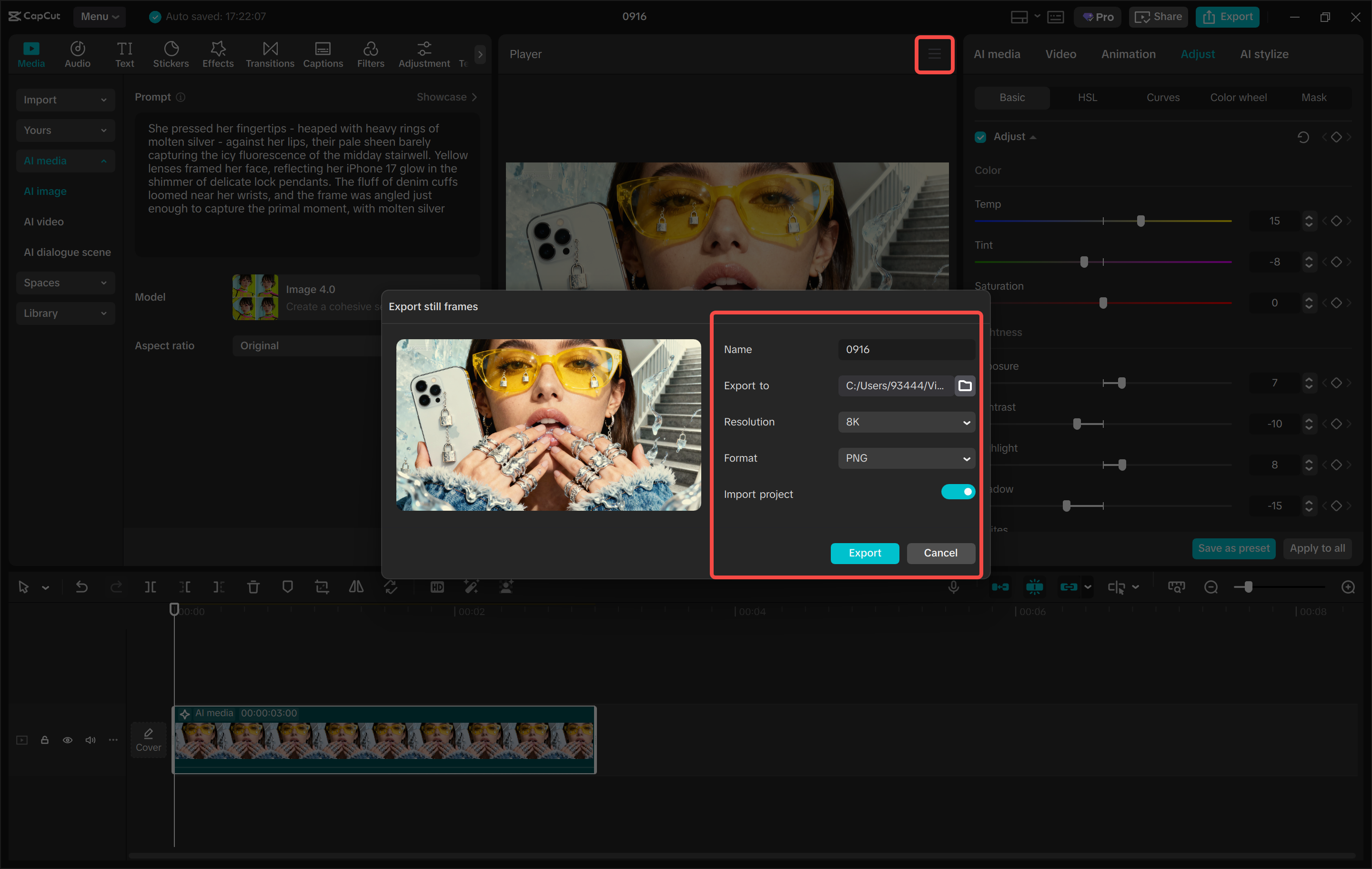 Exporting the final image from the CapCut desktop video editor