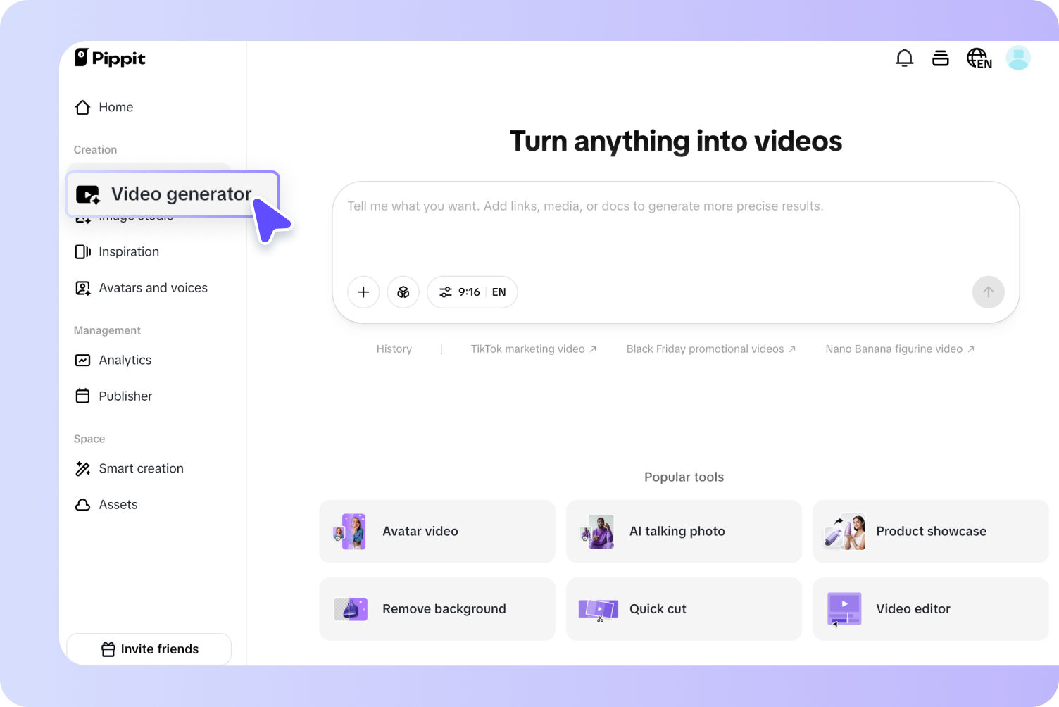 Opening the video generator on Pippit