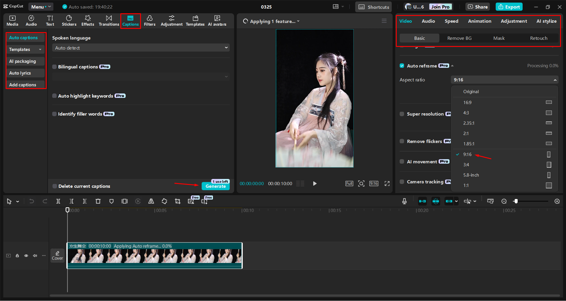 Automatisches Reframing und Bearbeiten eines Instagram-Reels im CapCut Desktop-Video-Editor