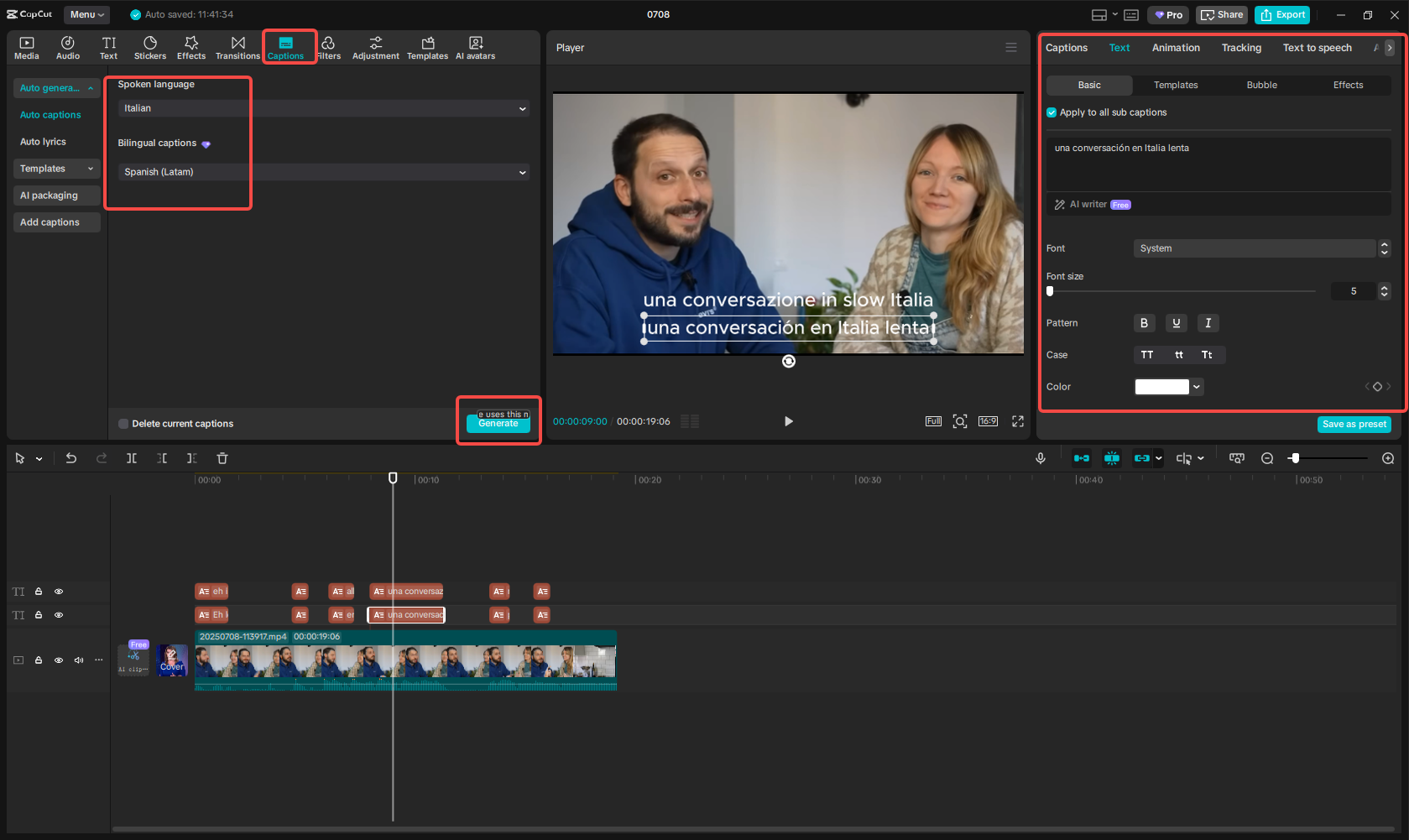 Translate Italian to Spanish in a video