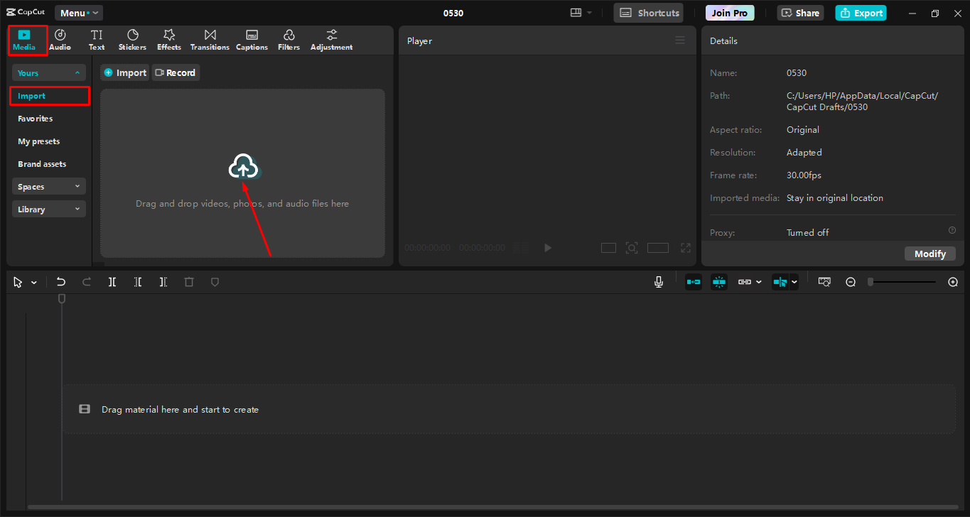 Uploading a video to the CapCut desktop video editor