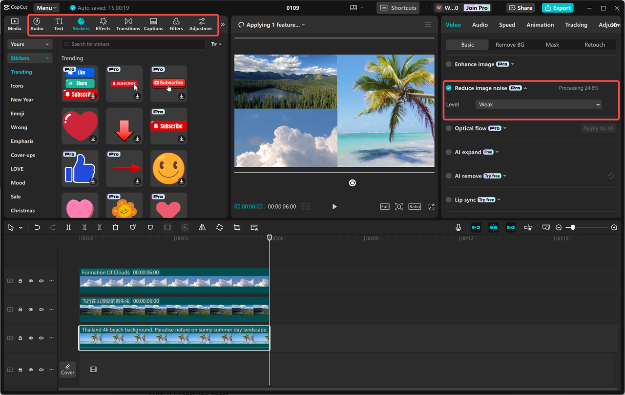 Stitching the images together in the CapCut desktop video editor