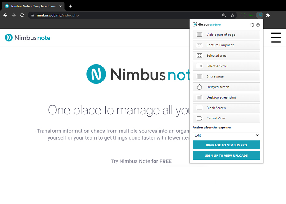 Nimbus Screen Capture interface with screenshot and video tools