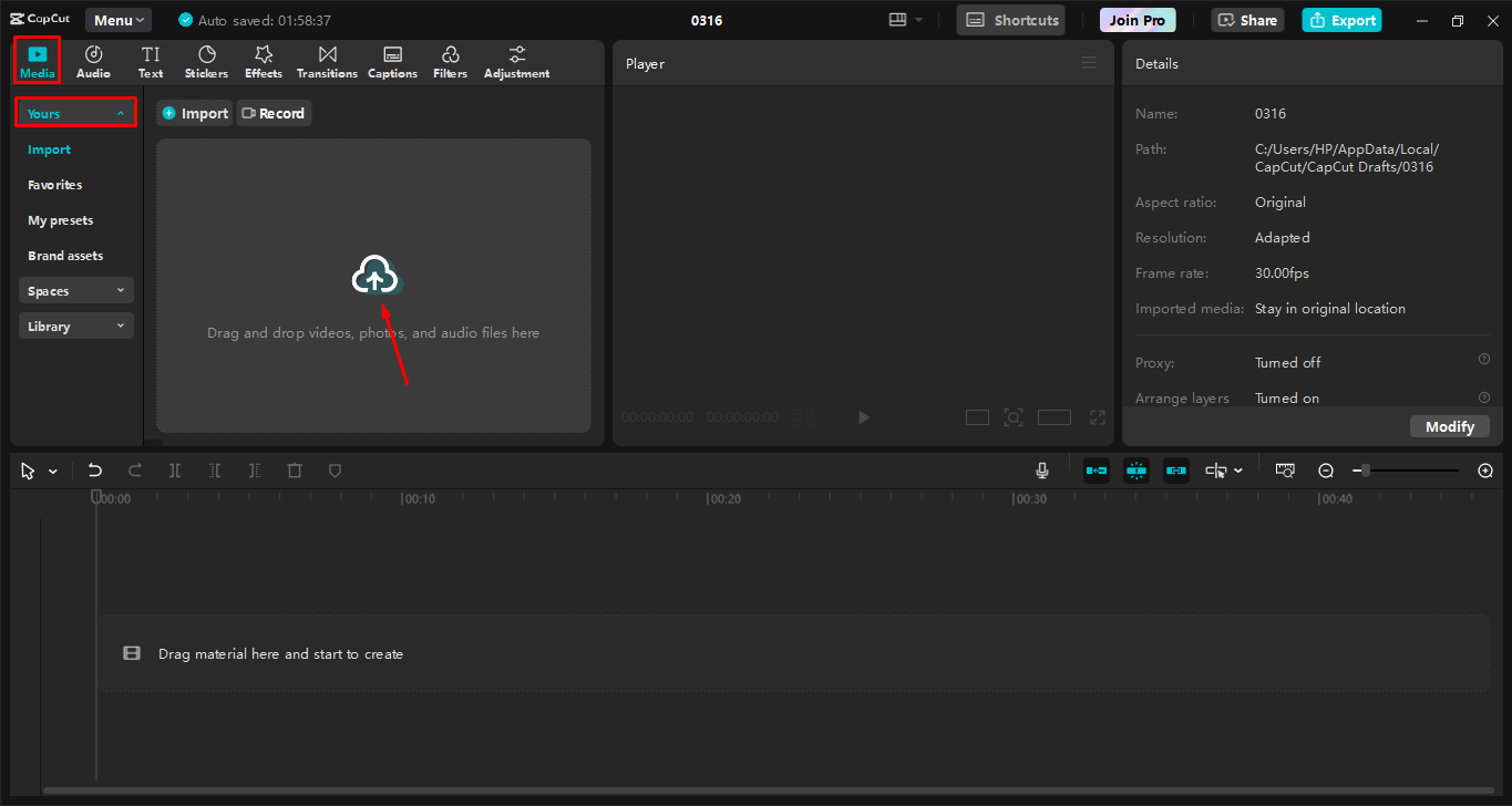 Caricamento di video nell' CapCut editor video desktop