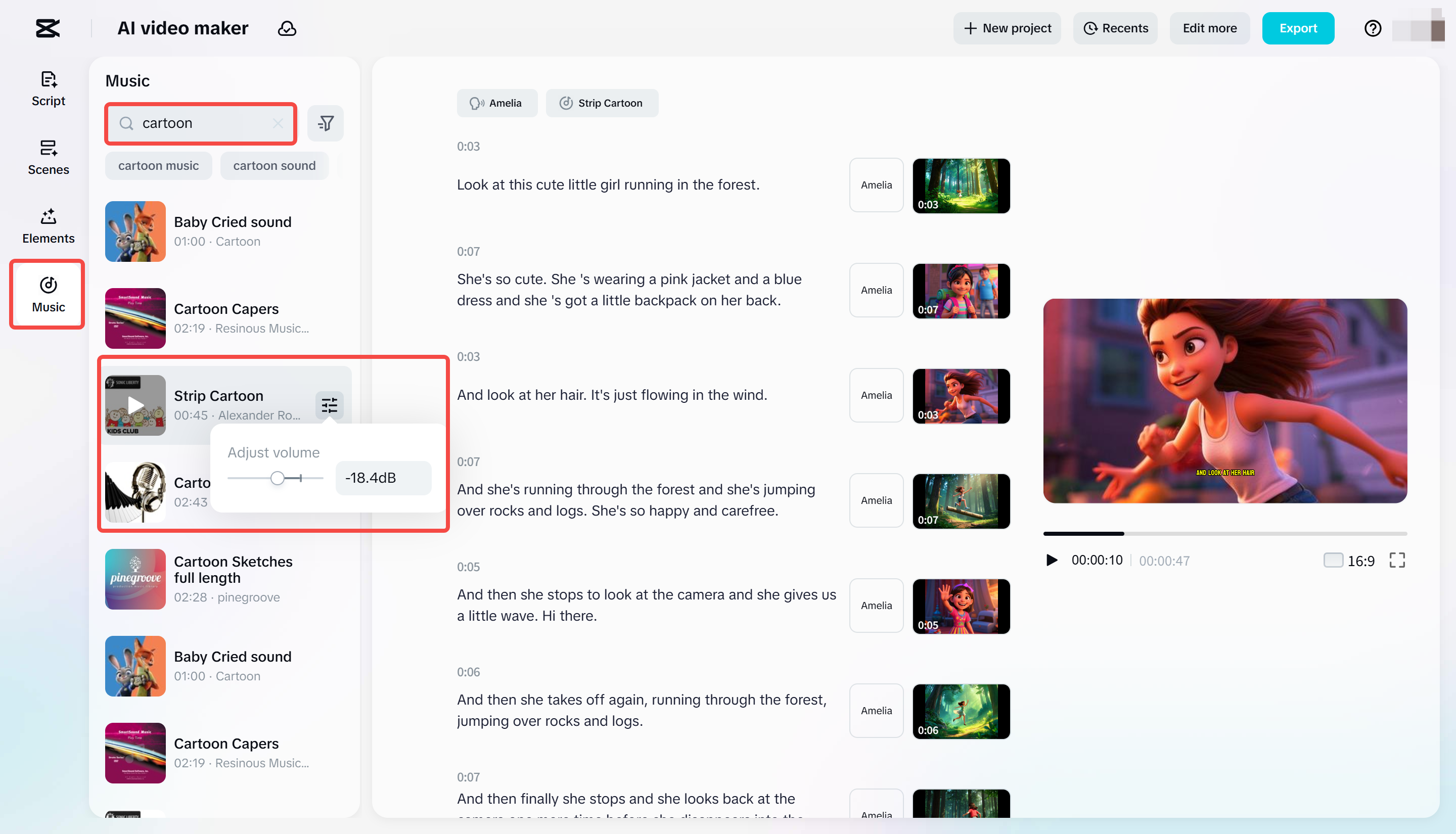 Applying music to cartoon videos using CapCut Web's AI video maker