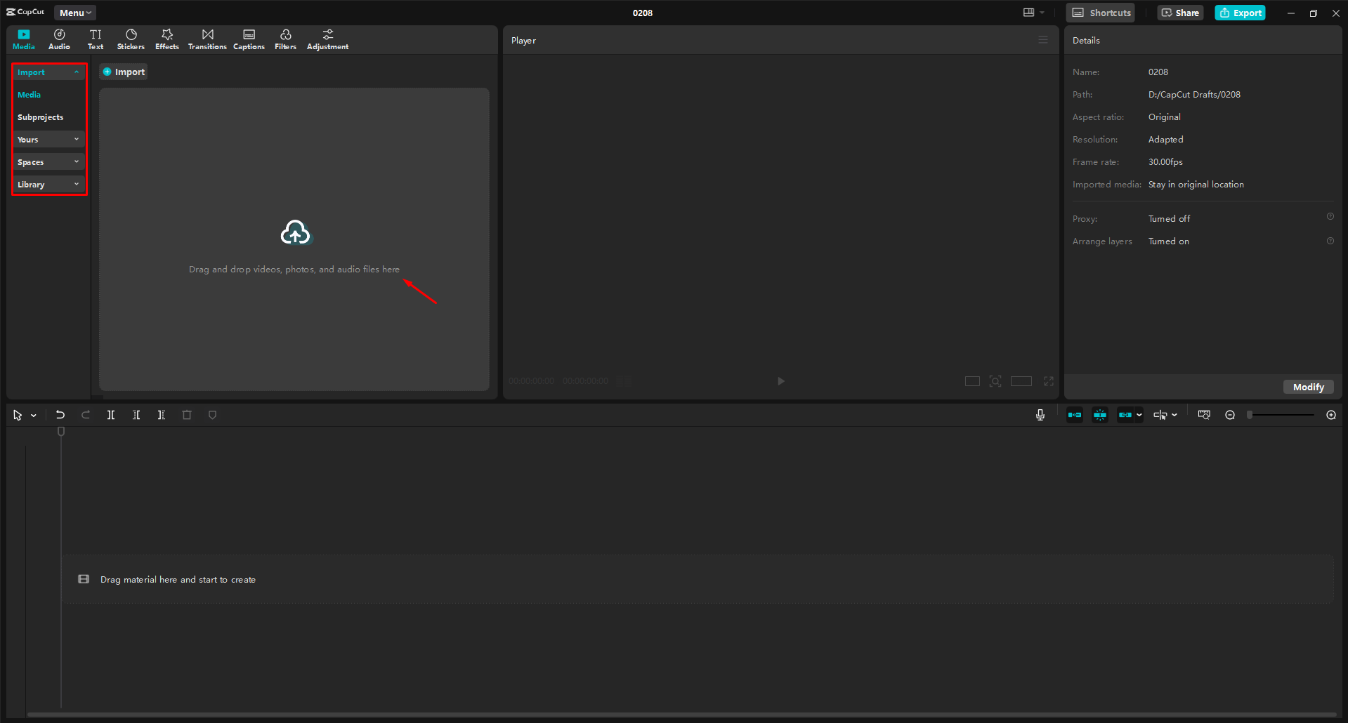 Caricare un video nell' CapCut editor video desktop