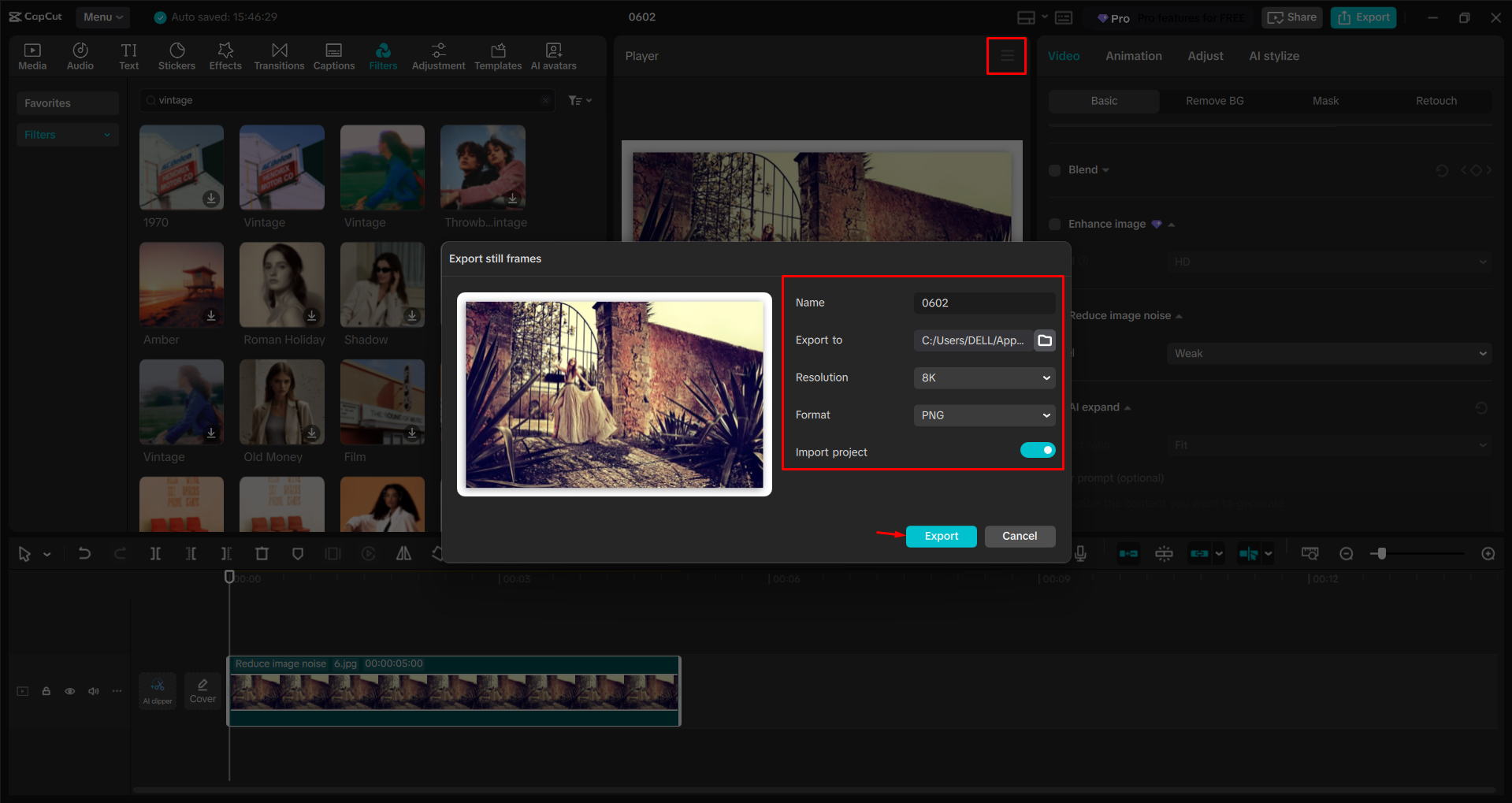 Mengekspor gambar dari editor video desktop CapCut