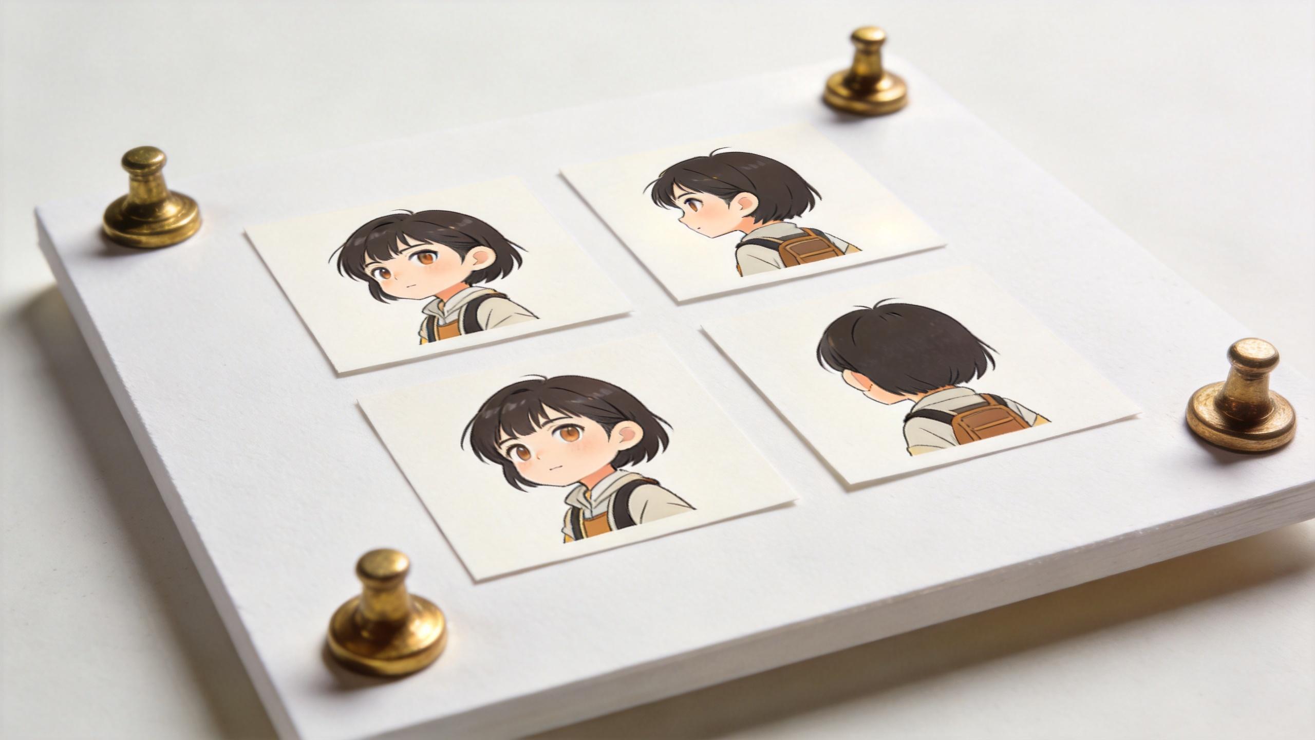 Four views of the same anime-style character pinned to a white board