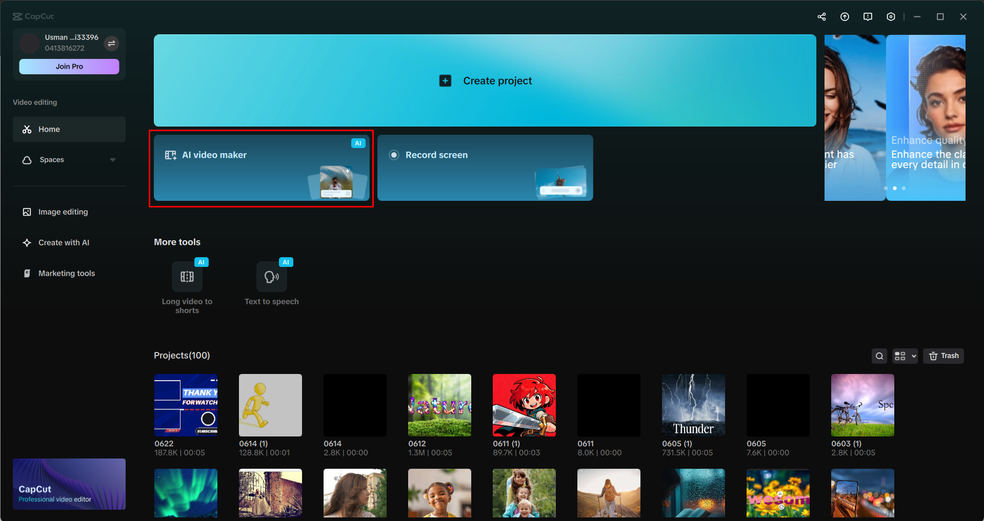 Accessing the AI video maker in the CapCut desktop video editor
