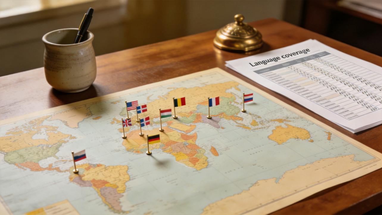 World map with pinned flags and a language coverage chart on a desk