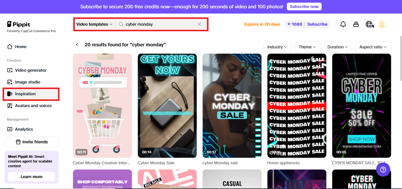 Cyber Monday video templates are available on Pippit's Inspiration tab for one-click video generation