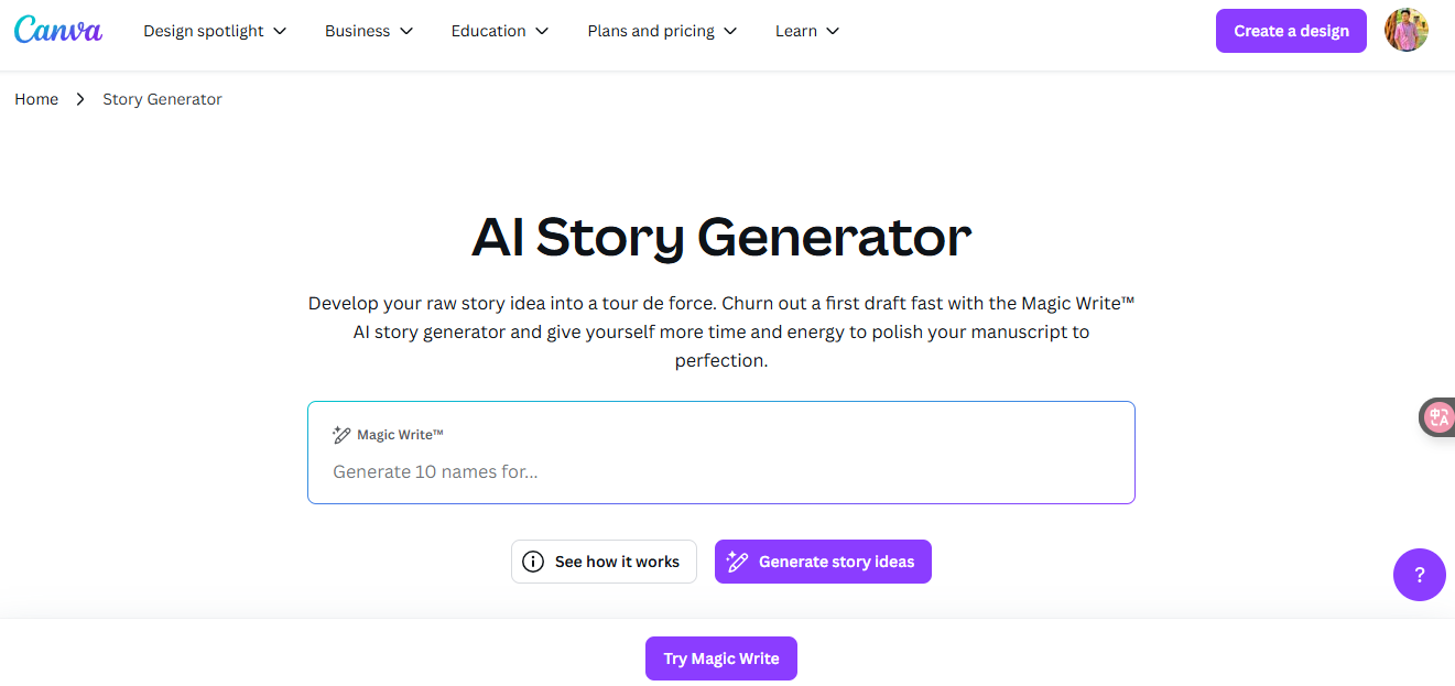 Gerador de IA histórias Canva
