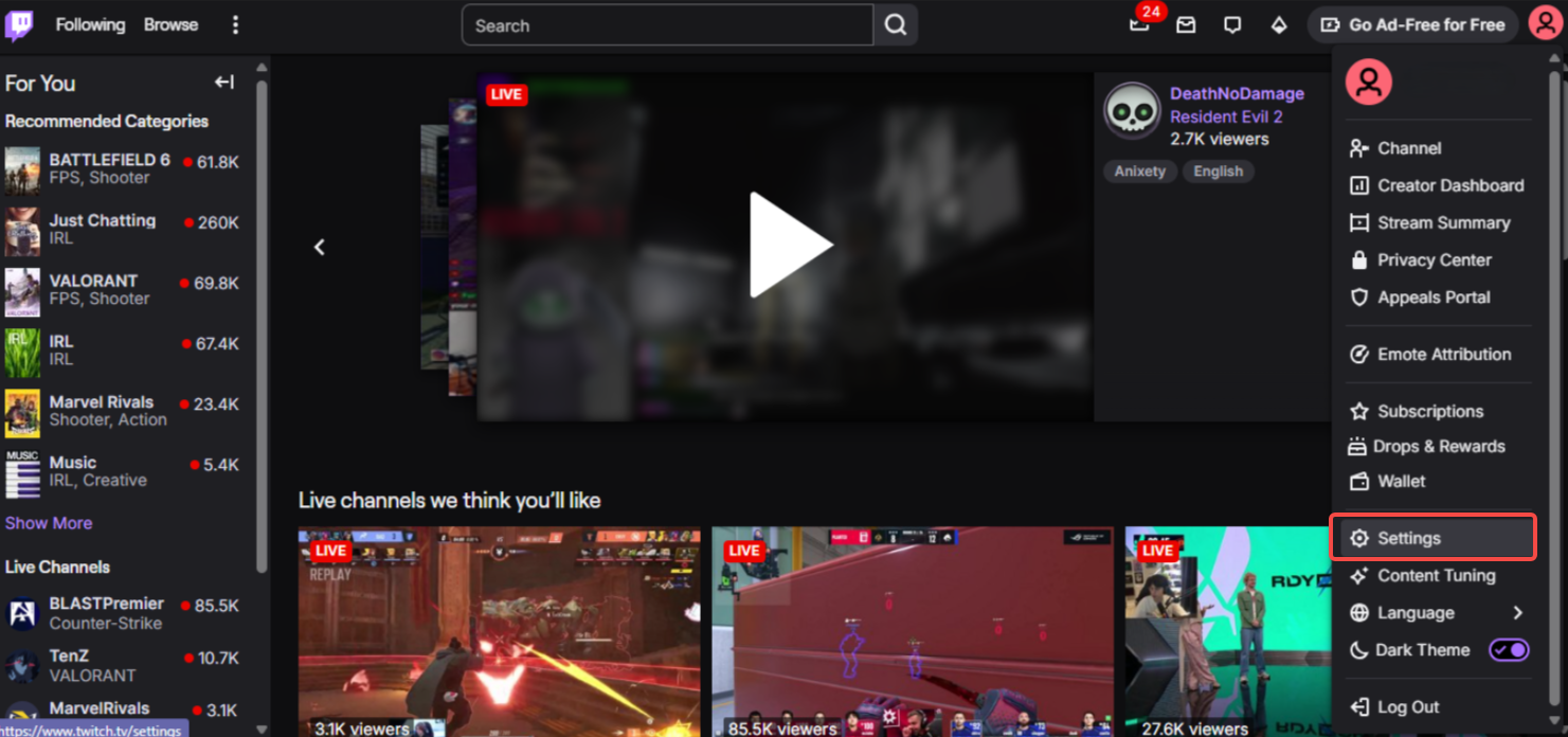 Option Paramètres Twitch