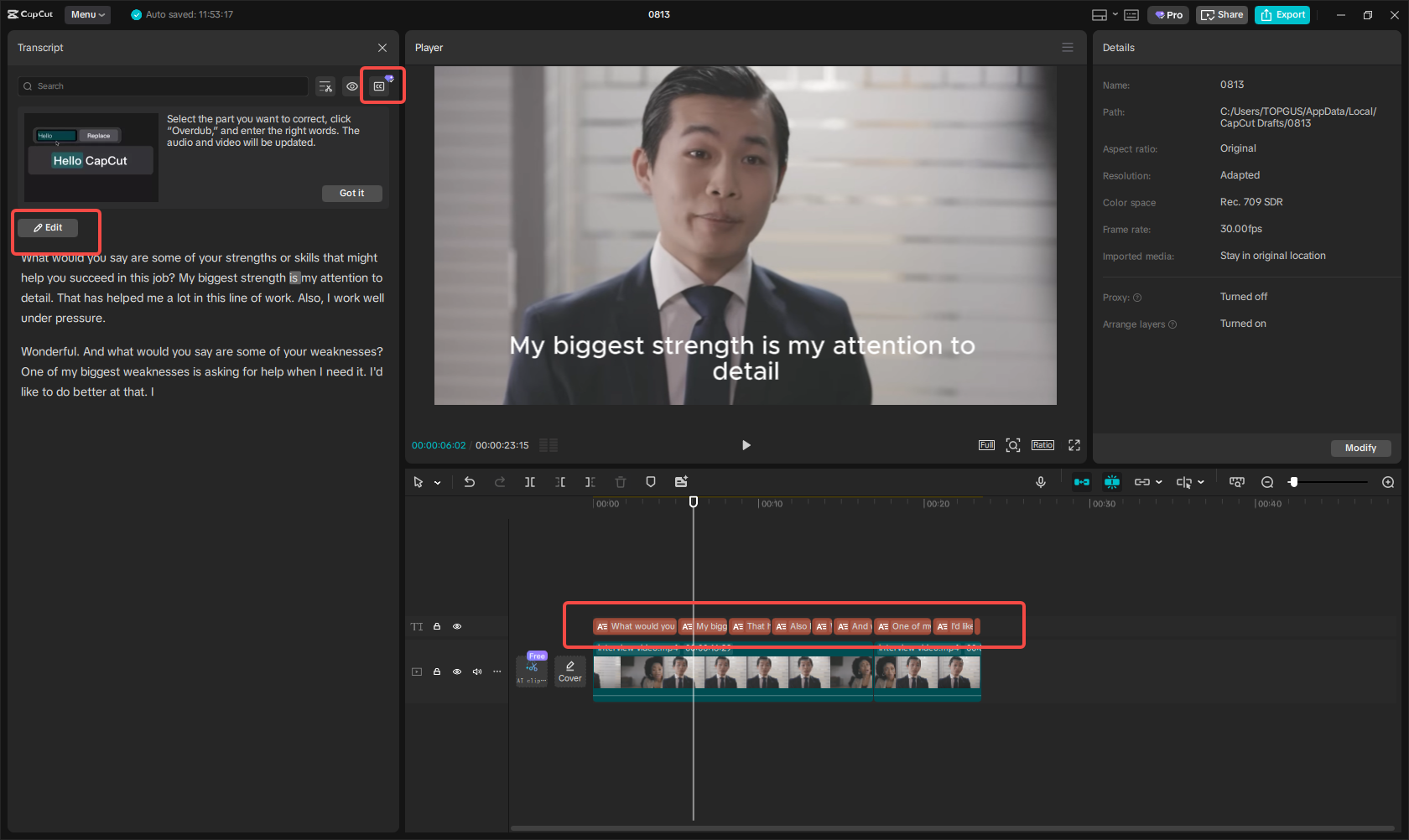 Bewerk de ondertiteltranscriptie van het interview.