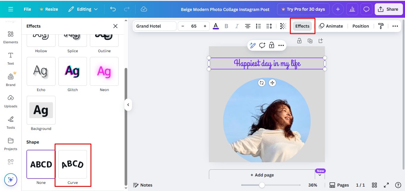 Utilisation de l'outil de texte Courbe pour envelopper du texte dans Canva