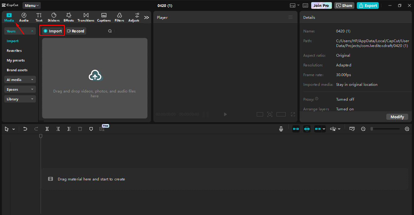 Importieren des Videos in den CapCut Desktop-Video-Editor