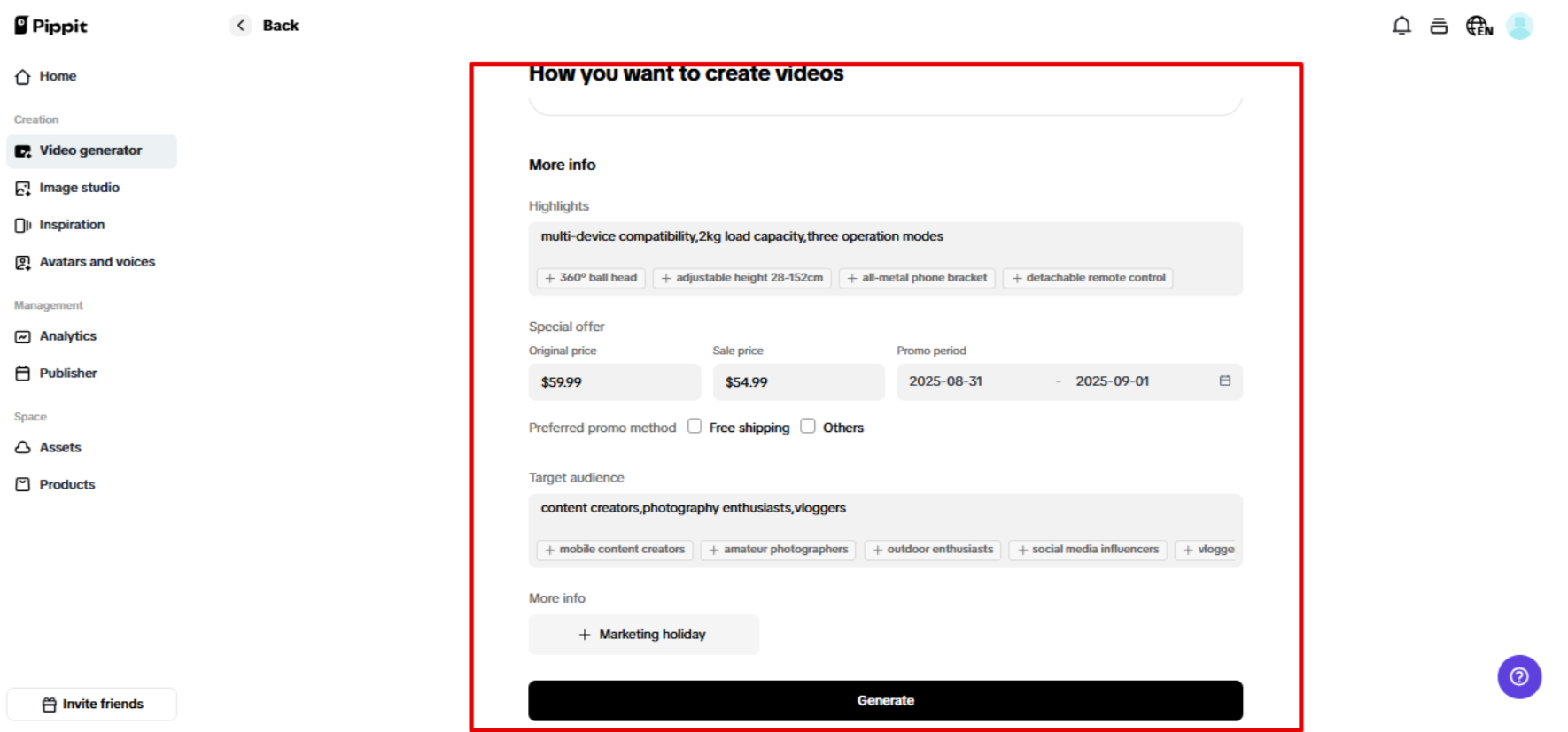 Customizing video settings in Pippit