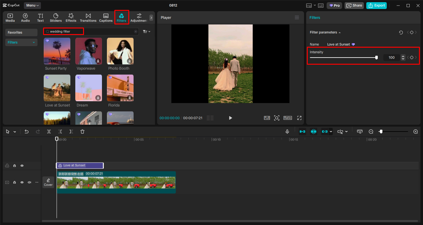 Aplicando o filtro ao editor de vídeo para desktop CapCut