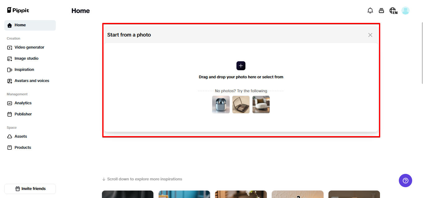 Uploading image in Pippit