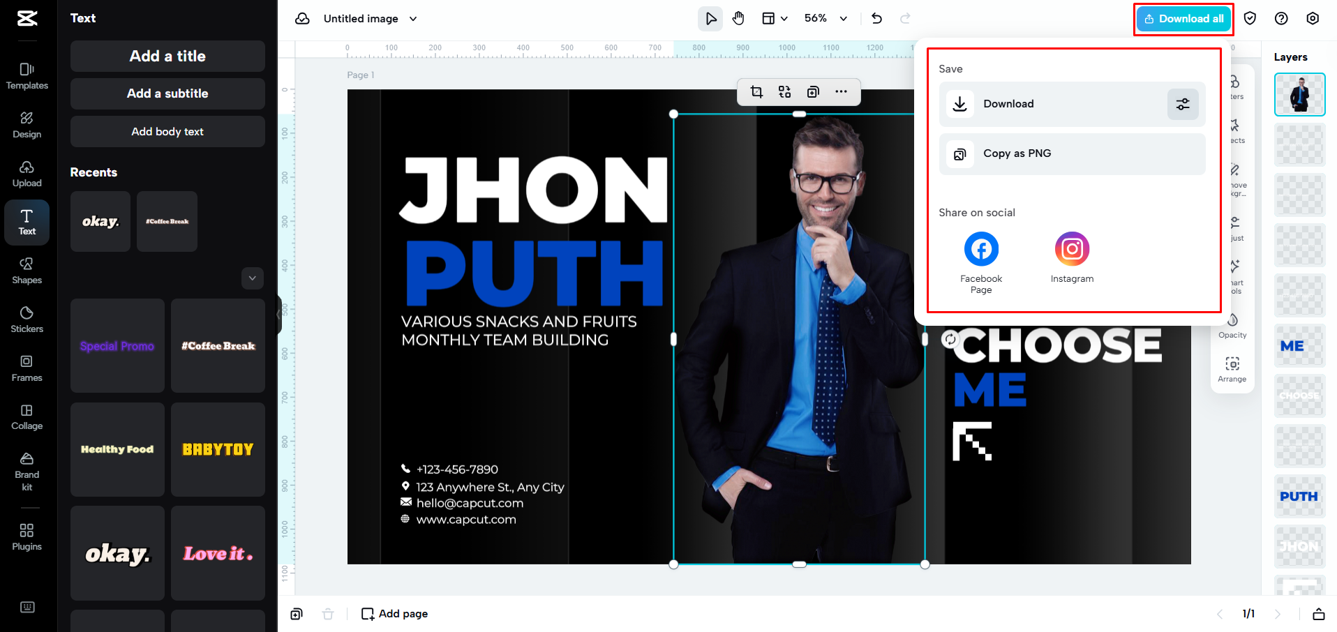 Eksportowanie szablonu wizytówki z CapCut Web