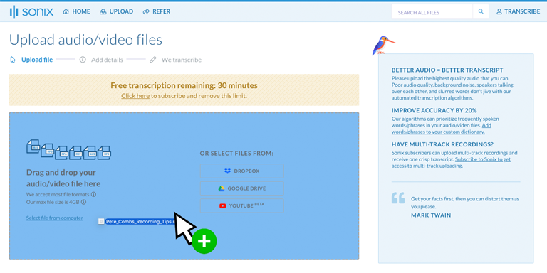 Interface de Sonix.ai - um conversor de áudio para texto on-line fácil de usar