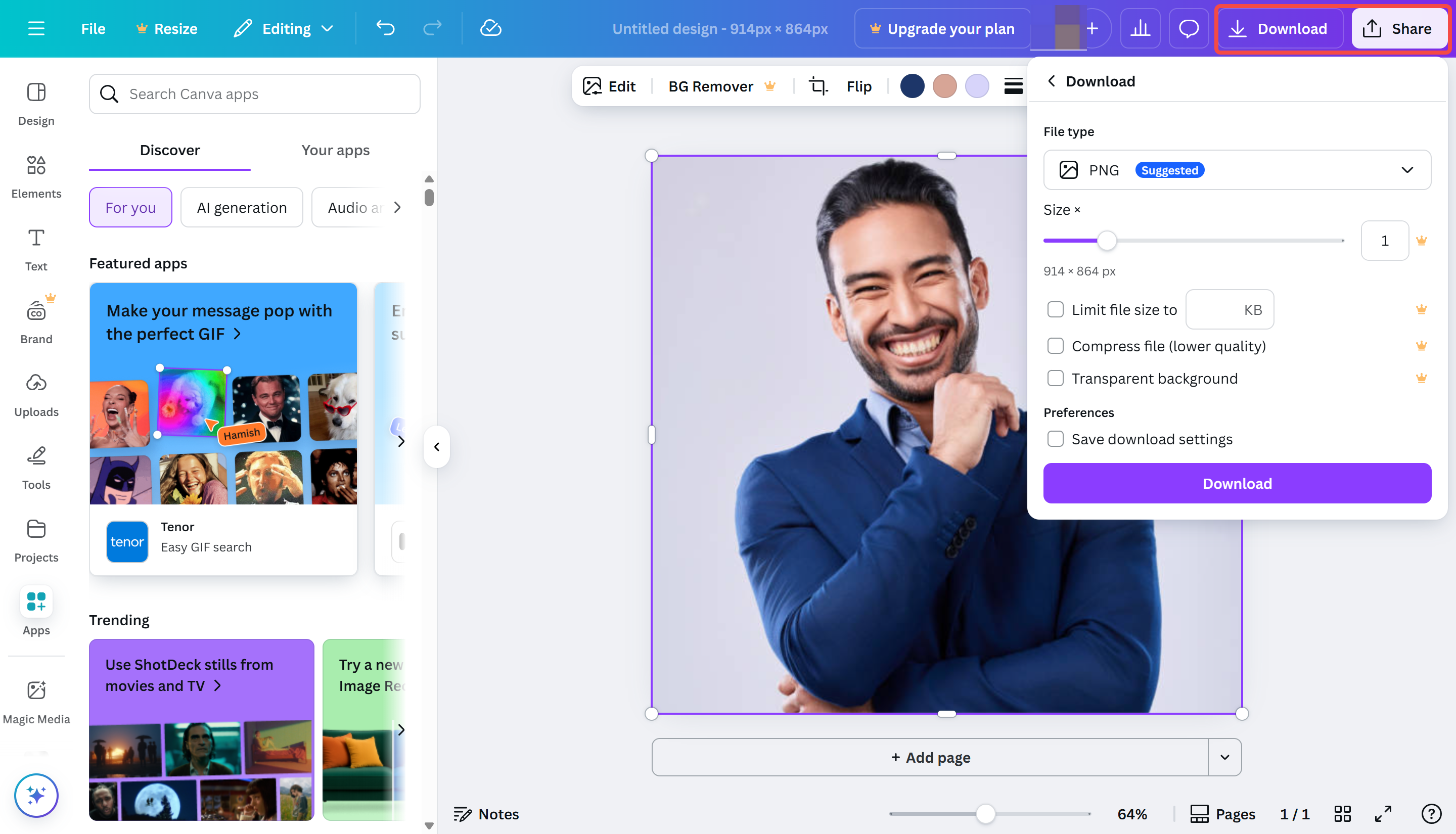 Показано, як використовувати додаток для покращення зображень Canva.