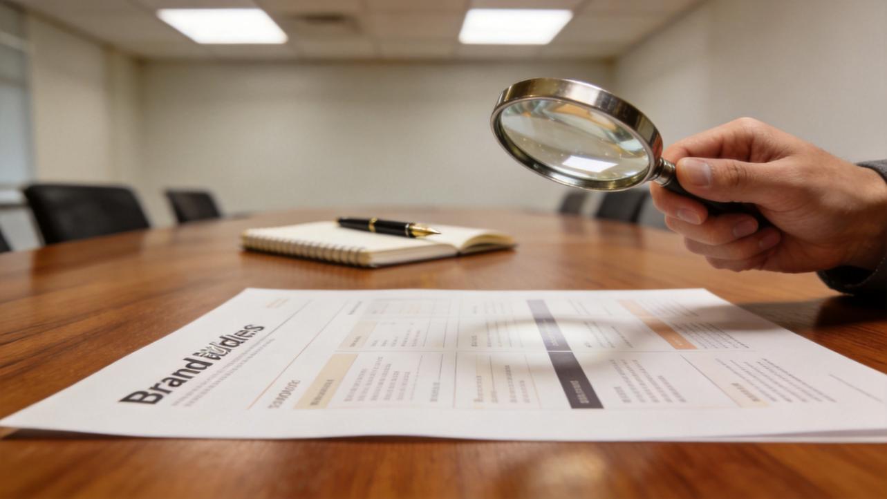 Hand holding magnifying glass over brand guidelines on a conference table