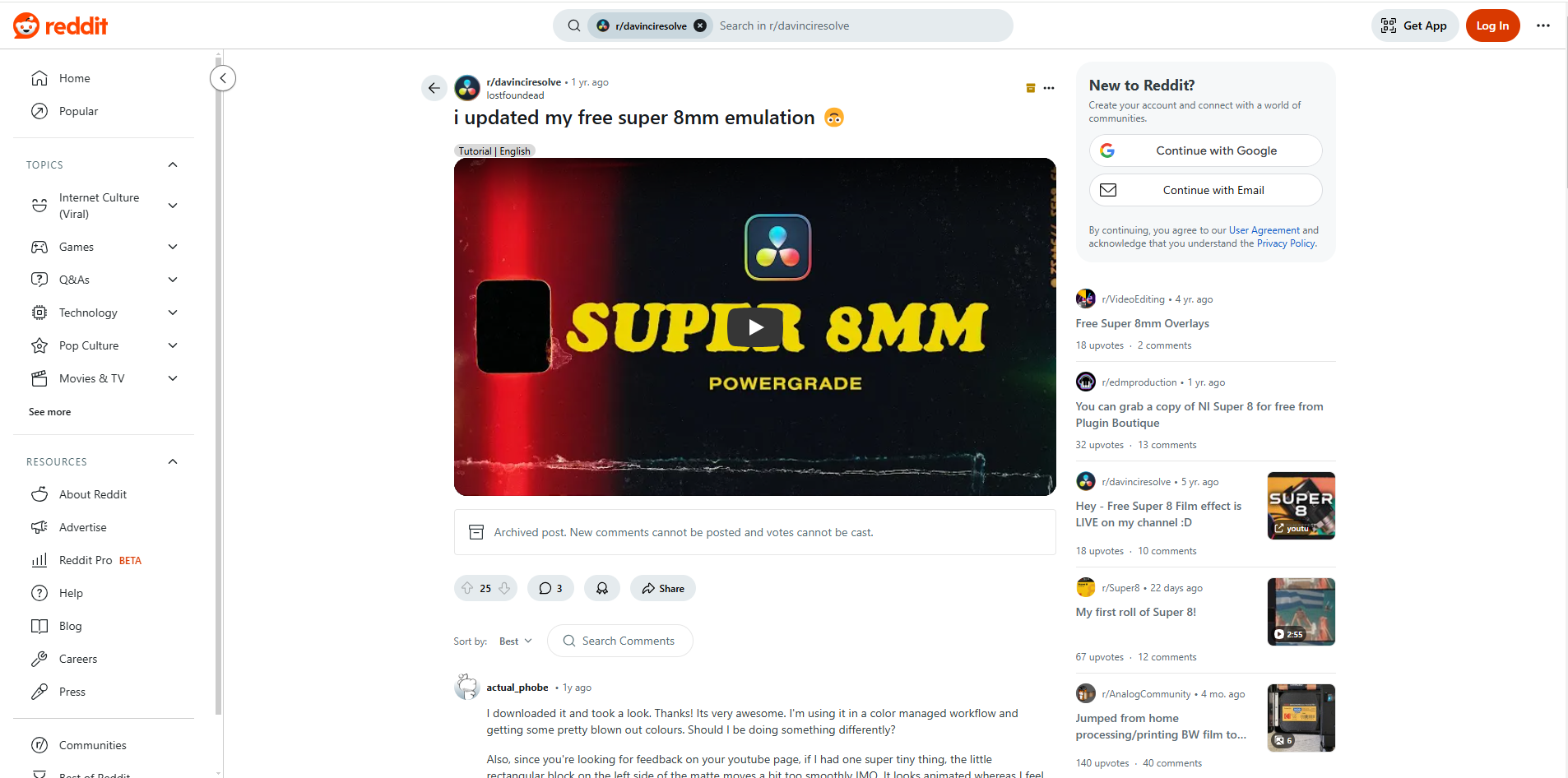 Interface of Reddit - an online site for free Super 8 overlays