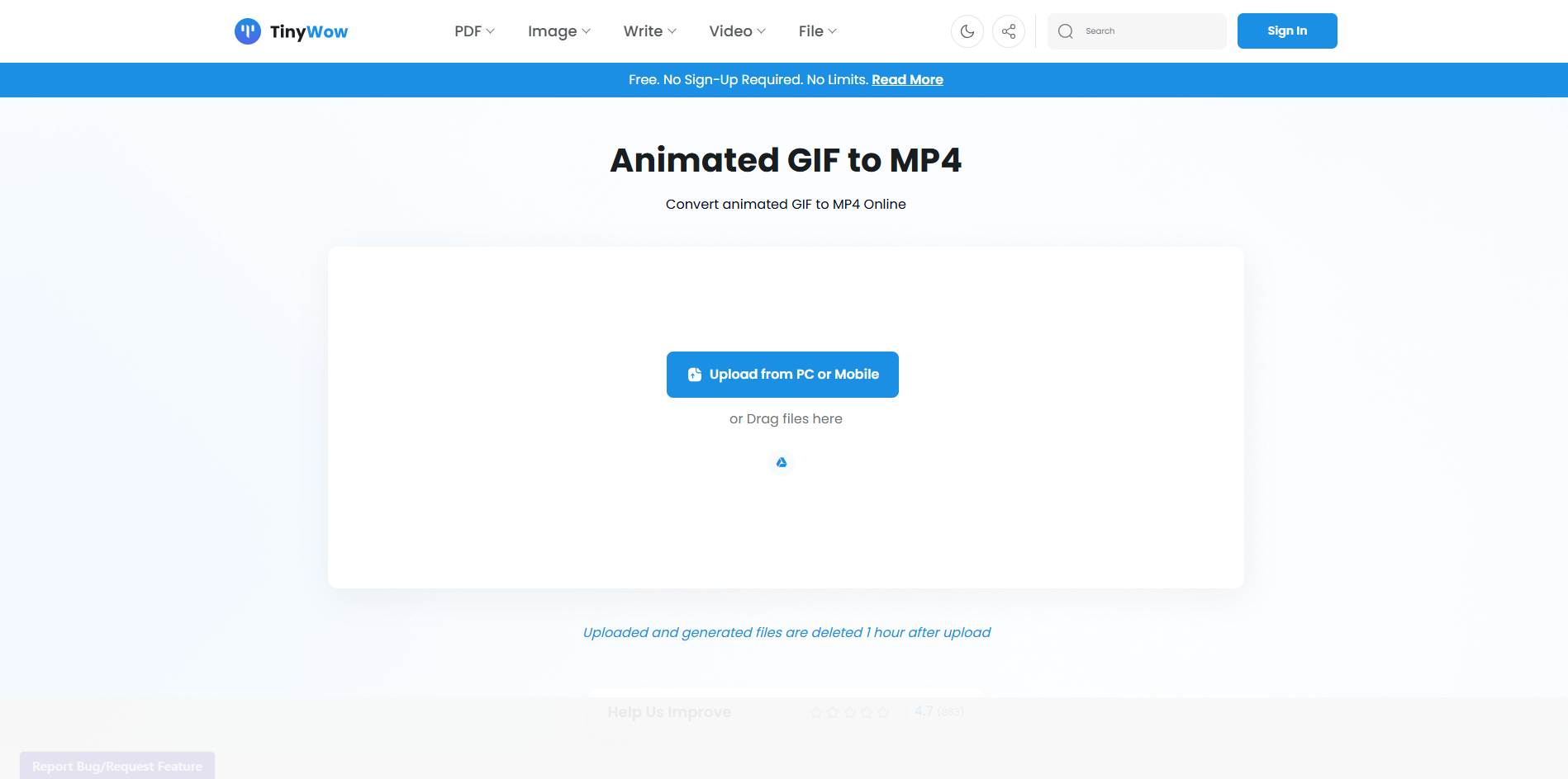 Interfaz de TinyWow: un convertidor de GIF a video fácil de usar