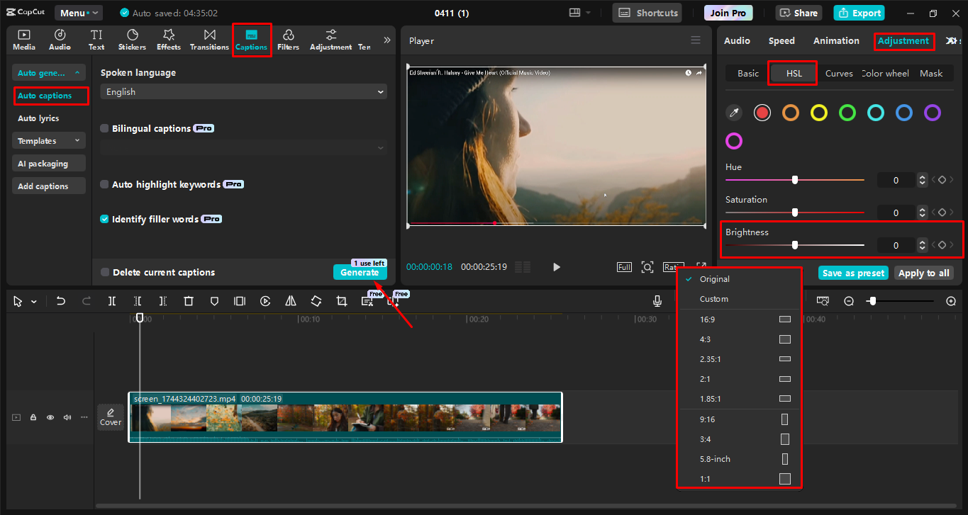 De grootte en helderheid aanpassen in de CapCut desktop video-editor