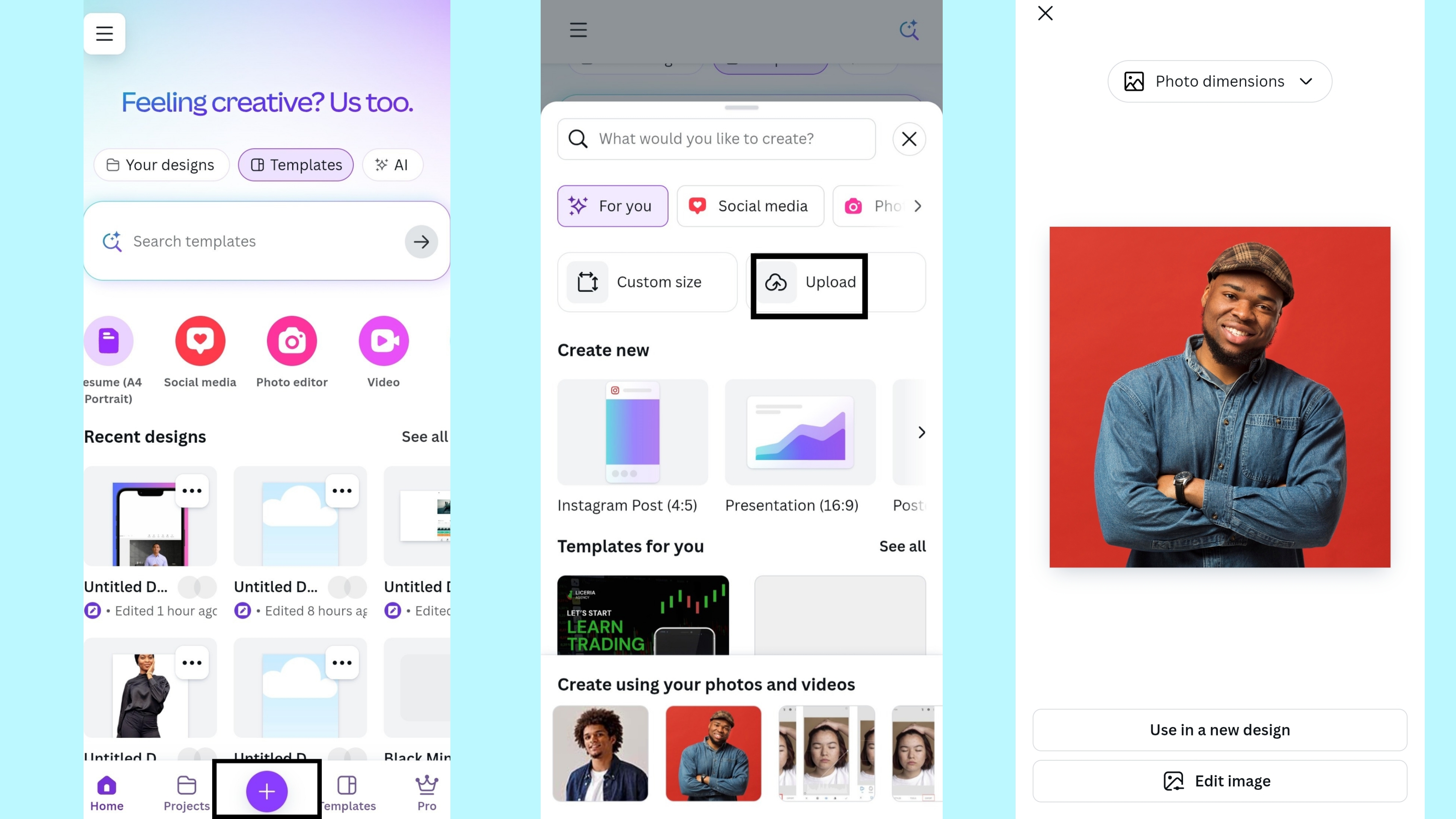 App Canva - Scegli un modello di design o carica una foto