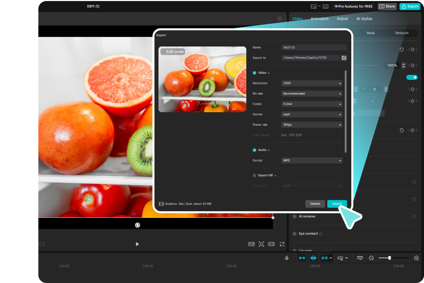 Export médií z editoru videa pro stolní počítače CapCut